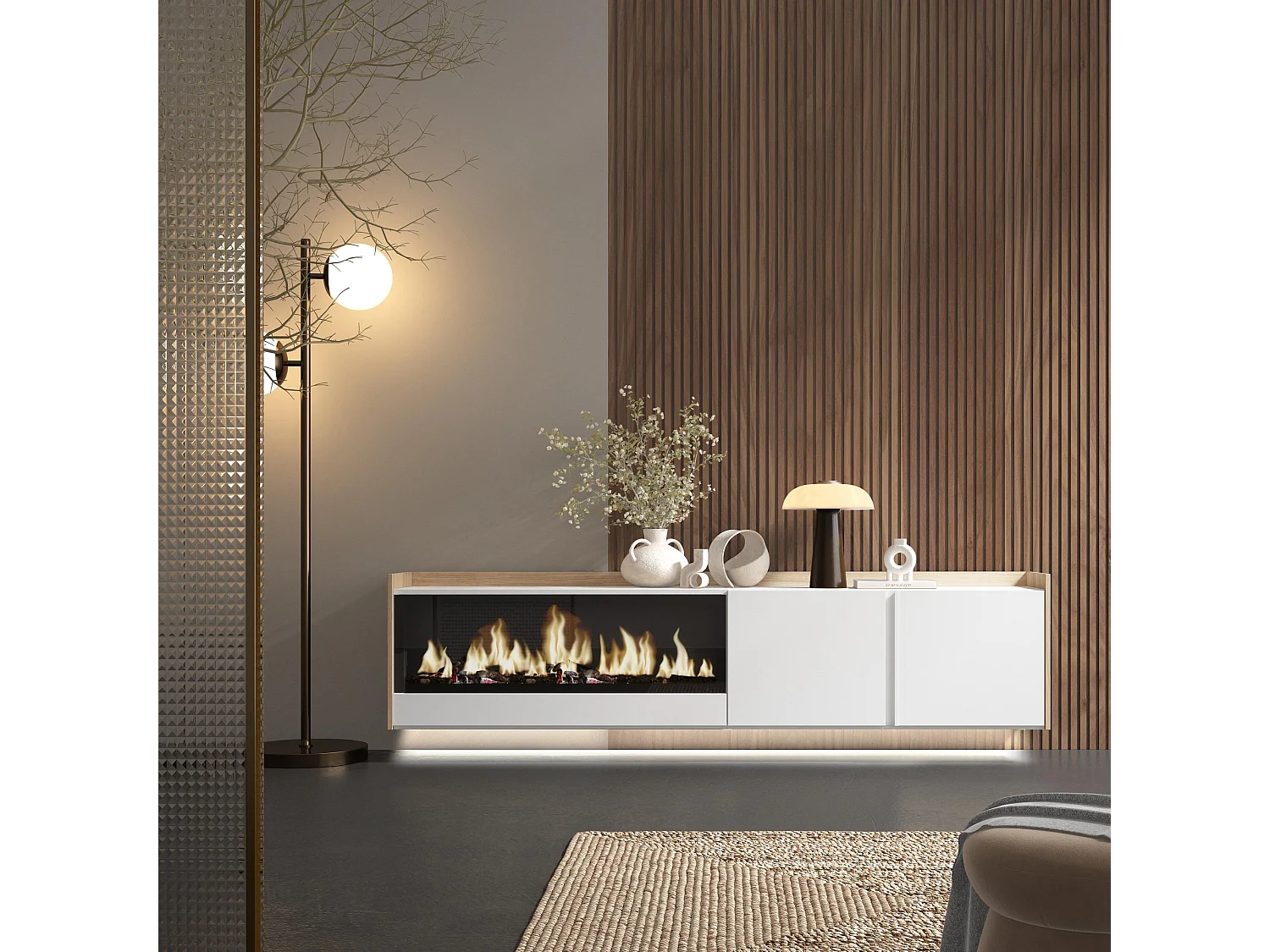 TV-Schrank, Lowboard, 212x50x35 cm, Für TV-Geräte bis zu 80", Elektrokamin XXL, Hängend, LED, Weiß und Eiche Soft