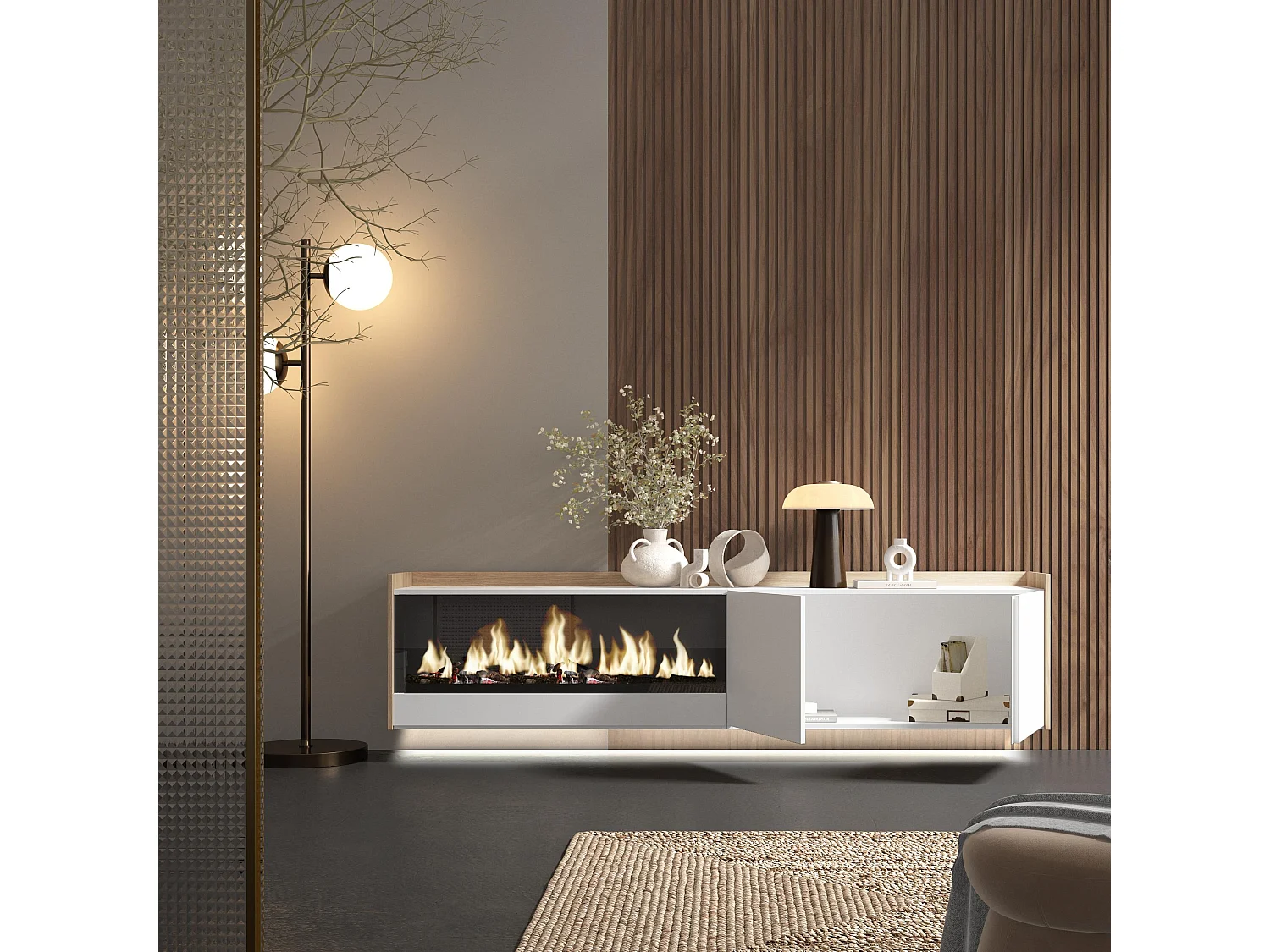 TV-Schrank, Lowboard, 212x50x35 cm, Für TV-Geräte bis zu 80", Elektrokamin XXL, Hängend, LED, Weiß und Eiche Soft