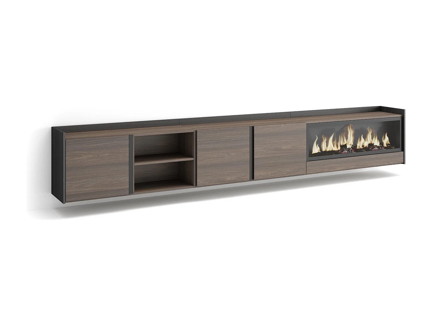 TV-Schrank, Lowboard, 315x50x35 cm, Für TV-Geräte bis zu 80", Elektrokamin XXL, Hängend, Dunkler Eiche und Schwarz