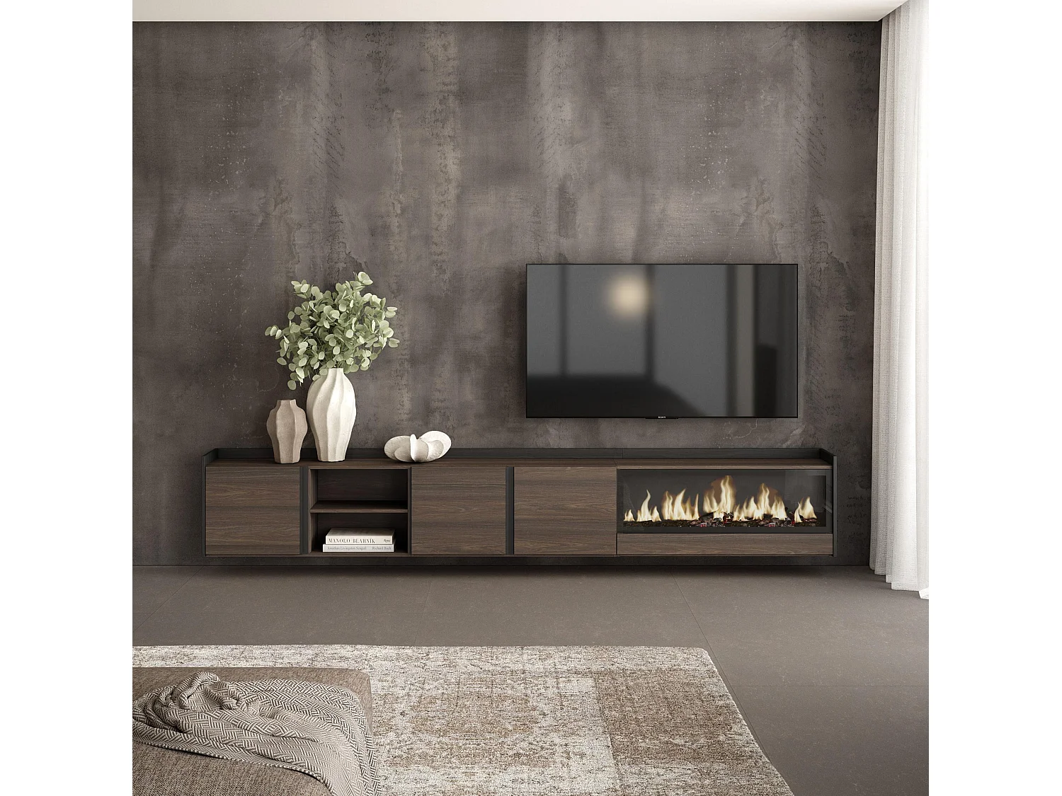 TV-Schrank, Lowboard, 315x50x35 cm, Für TV-Geräte bis zu 80", Elektrokamin XXL, Hängend, Dunkler Eiche und Schwarz