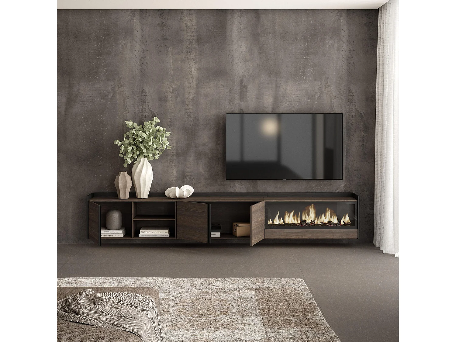 TV-Schrank, Lowboard, 315x50x35 cm, Für TV-Geräte bis zu 80", Elektrokamin XXL, Hängend, Dunkler Eiche und Schwarz