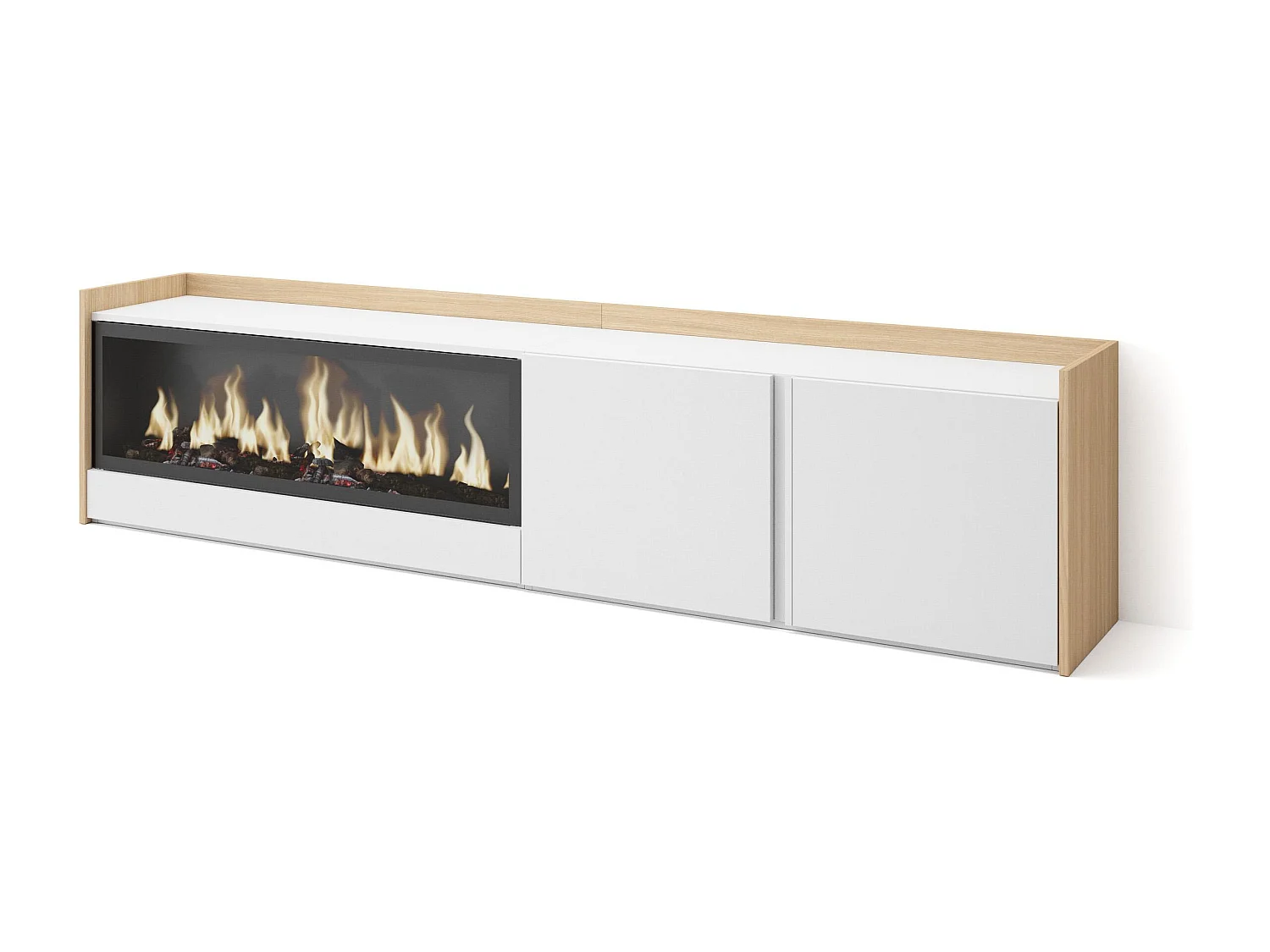 Meuble TV, Banc Télé, 212x50x35 cm, Pour les TV jusqu'à 80", Cheminée électrique XXL, Blanc et Chêne Soft
