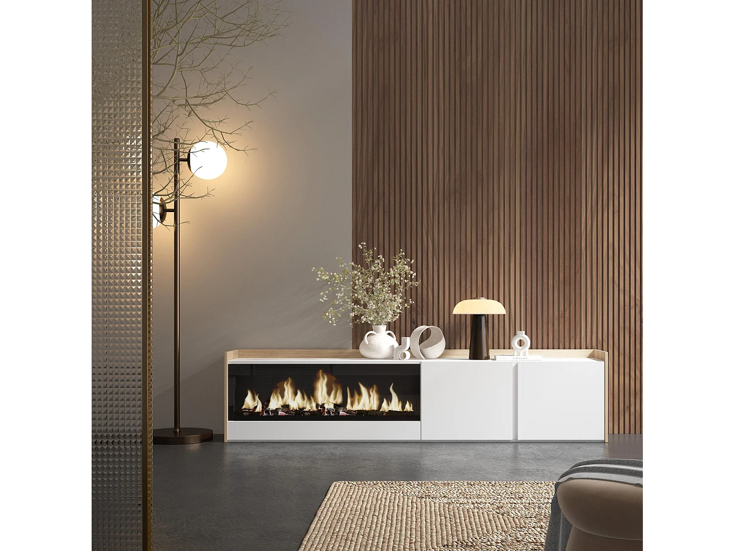 Meuble TV, Banc Télé, 212x50x35 cm, Pour les TV jusqu'à 80", Cheminée électrique XXL, Blanc et Chêne Soft