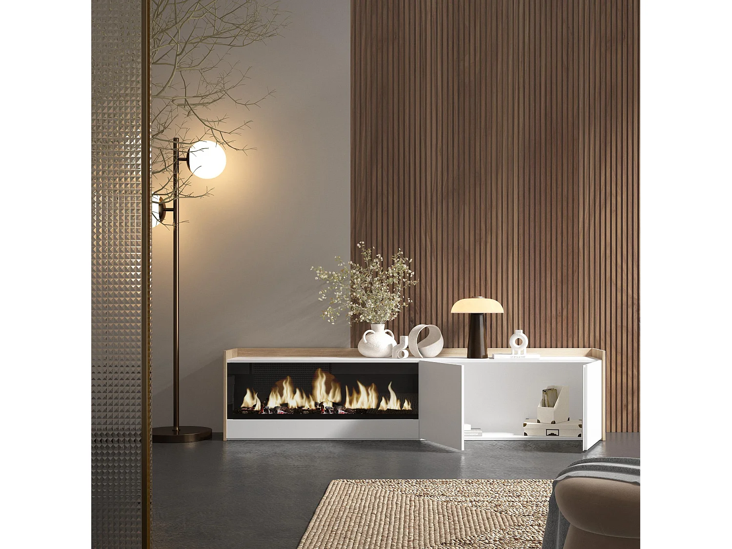 Meuble TV, Banc Télé, 212x50x35 cm, Pour les TV jusqu'à 80", Cheminée électrique XXL, Blanc et Chêne Soft