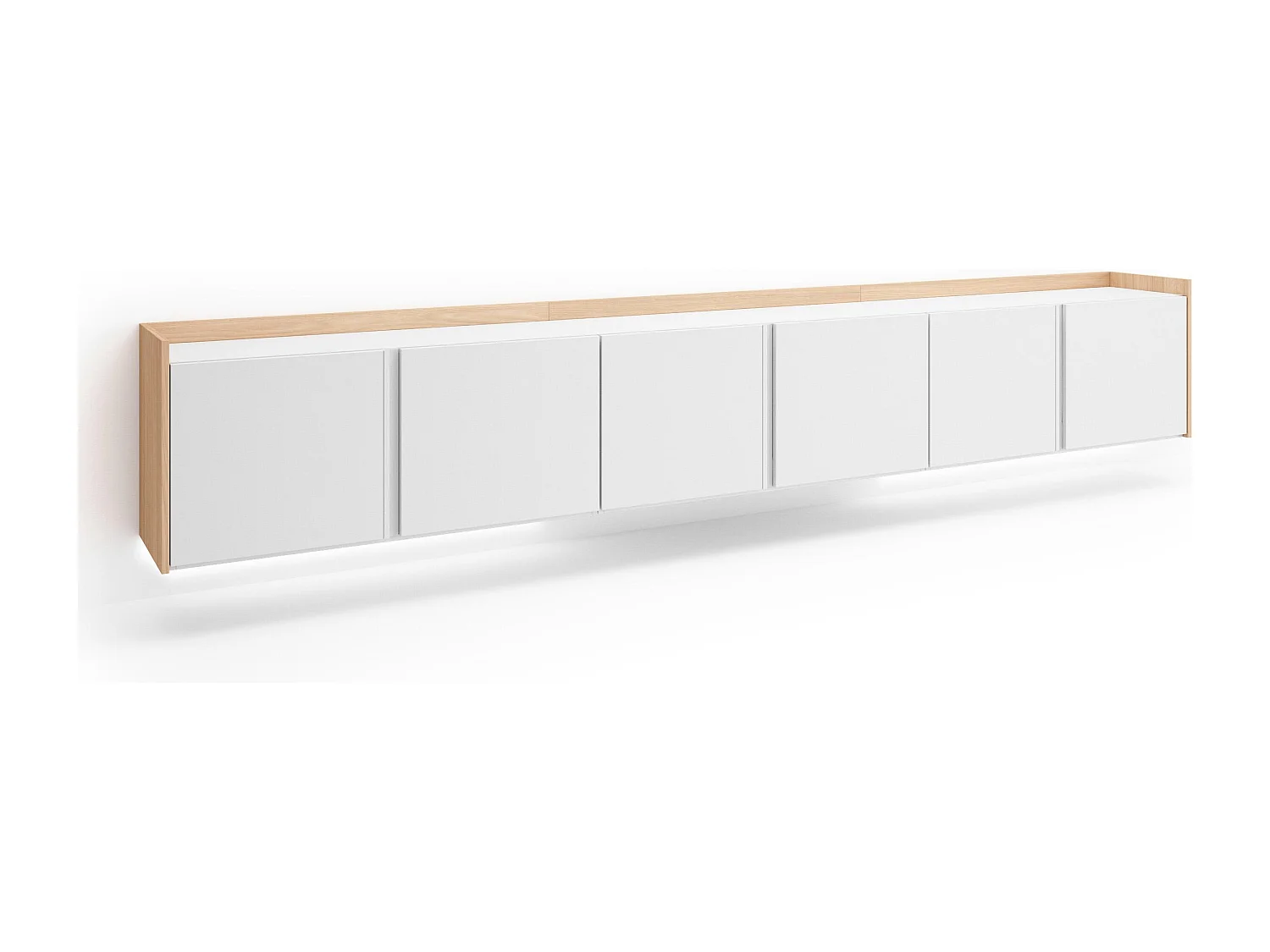 TV-Schrank, Lowboard, 309x50x35 cm, Für TV-Geräte bis zu 80", Hängend, LED, Weiß und Eiche Soft
