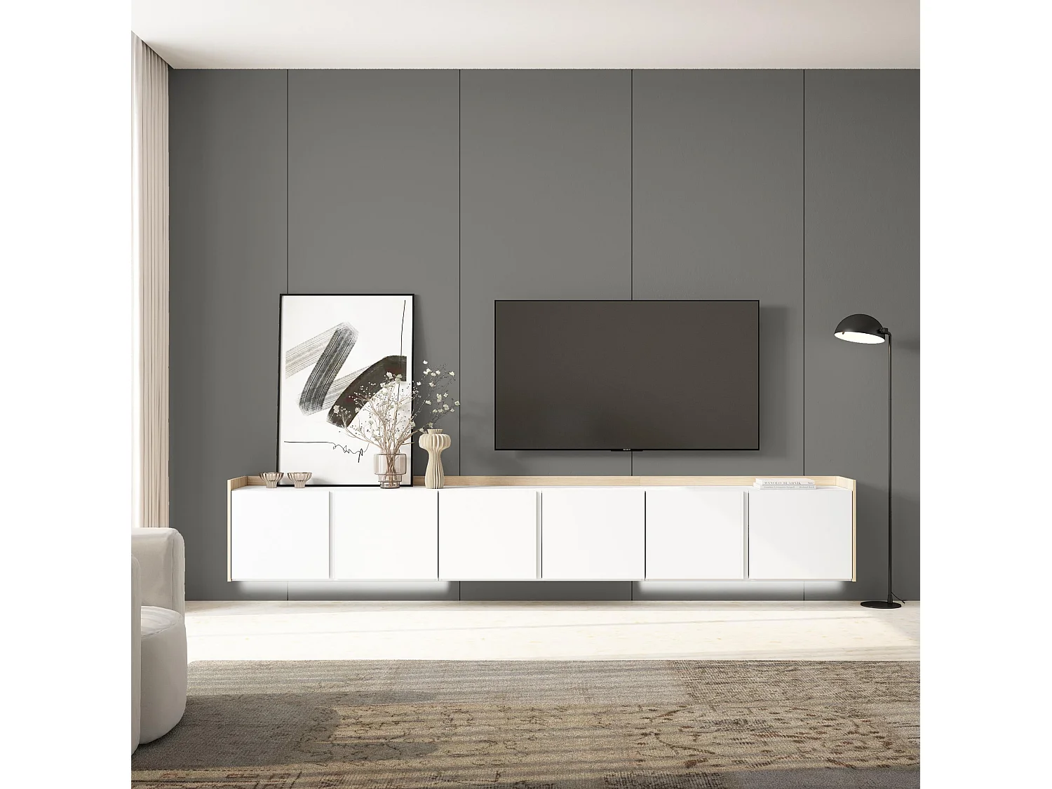 TV-Schrank, Lowboard, 309x50x35 cm, Für TV-Geräte bis zu 80", Hängend, LED, Weiß und Eiche Soft