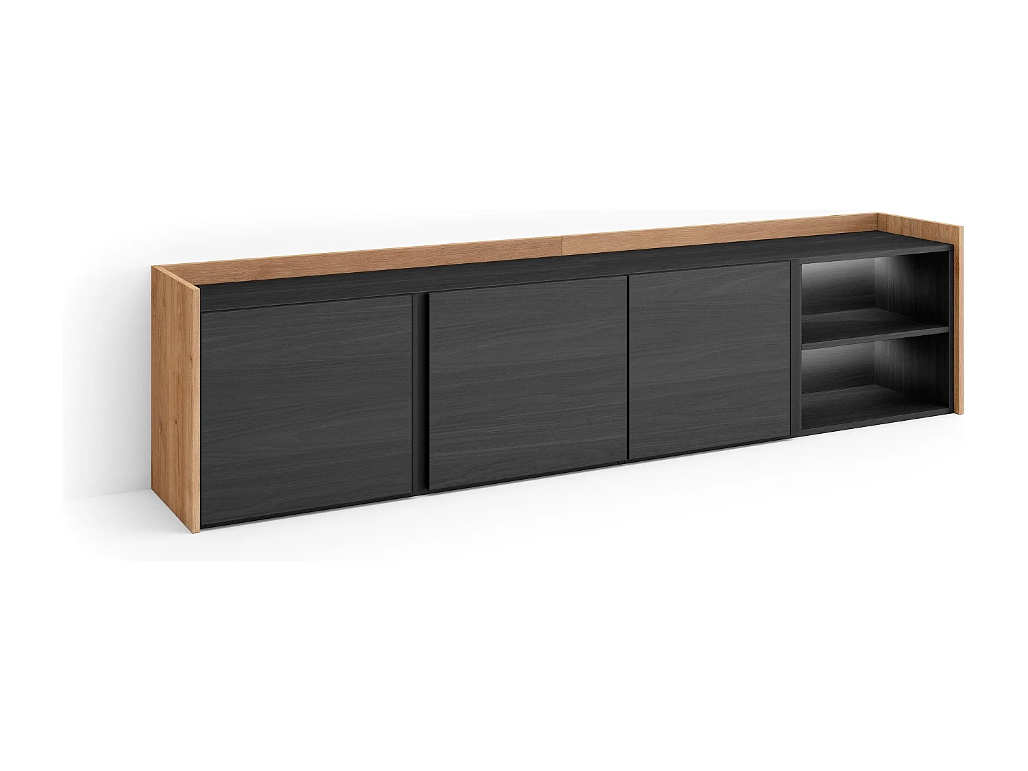 TV-Schrank, Lowboard, 207x50x35 cm, Für TV-Geräte bis zu 80", LED, Schwarz Eiche
