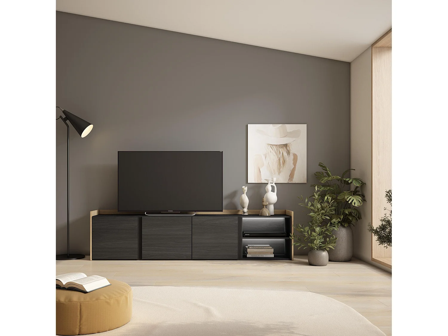 TV-Schrank, Lowboard, 207x50x35 cm, Für TV-Geräte bis zu 80", LED, Schwarz Eiche