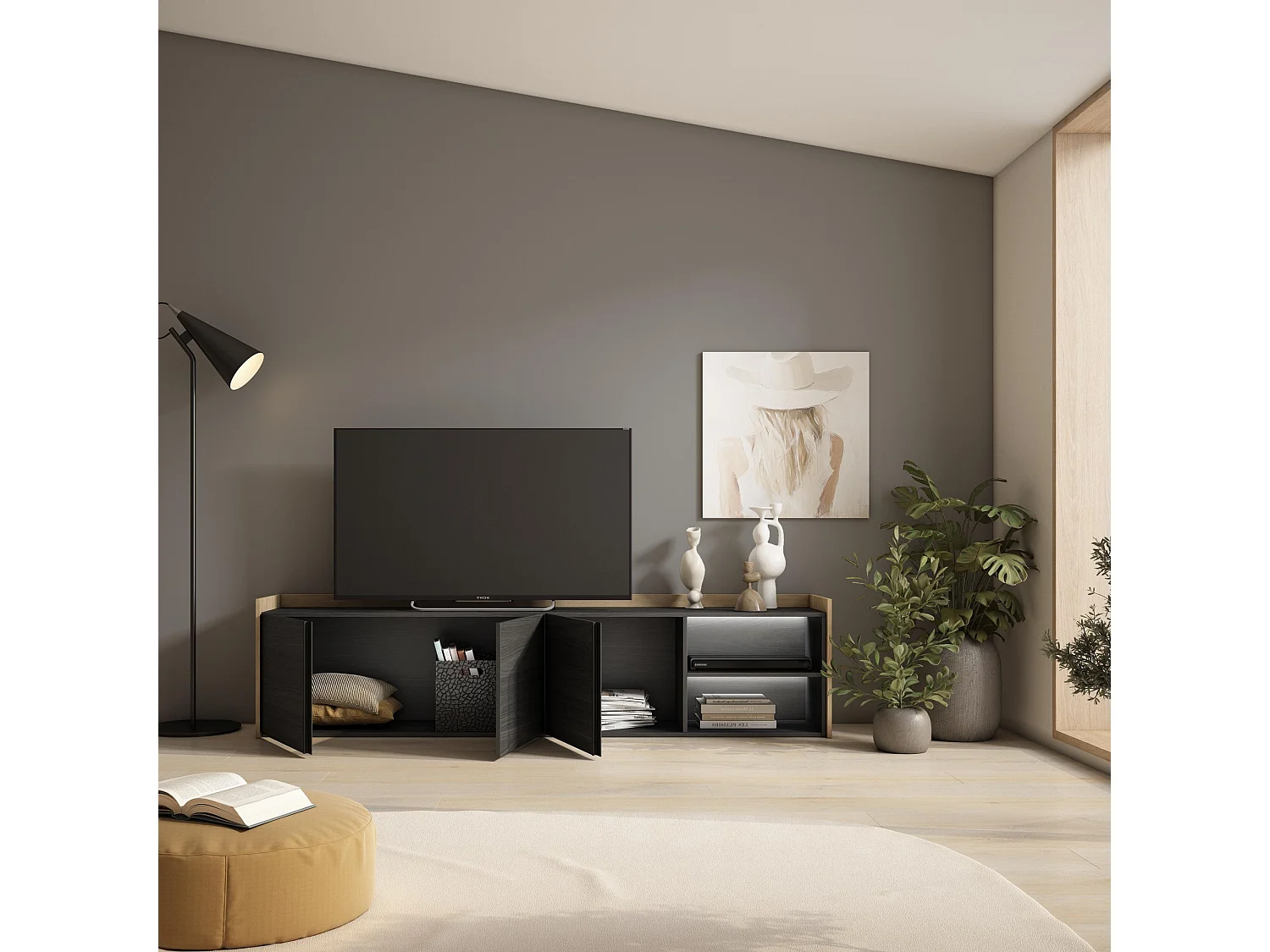 TV-Schrank, Lowboard, 207x50x35 cm, Für TV-Geräte bis zu 80", LED, Schwarz Eiche