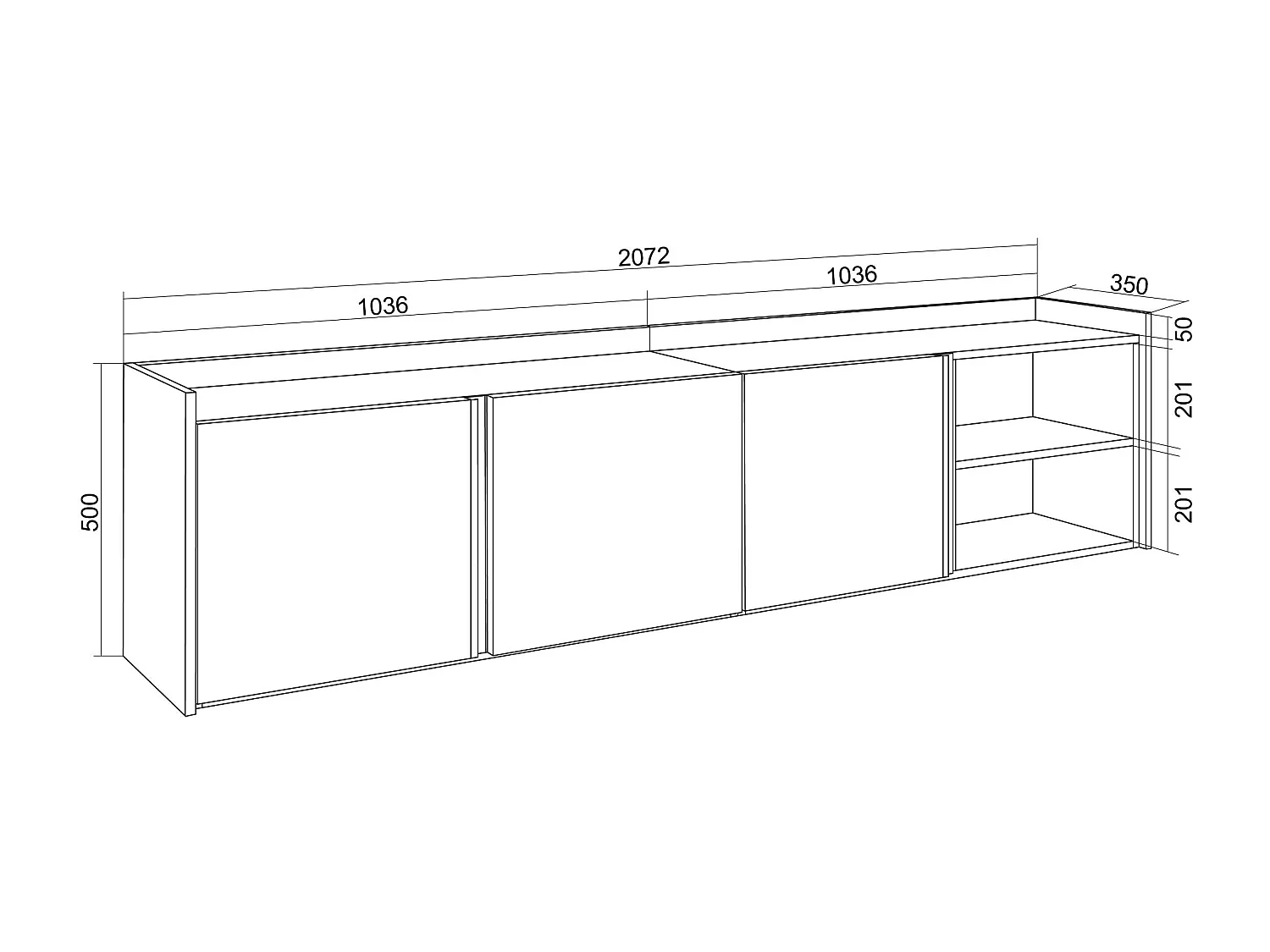 TV-Schrank, Lowboard, 207x50x35 cm, Für TV-Geräte bis zu 80", LED, Schwarz Eiche