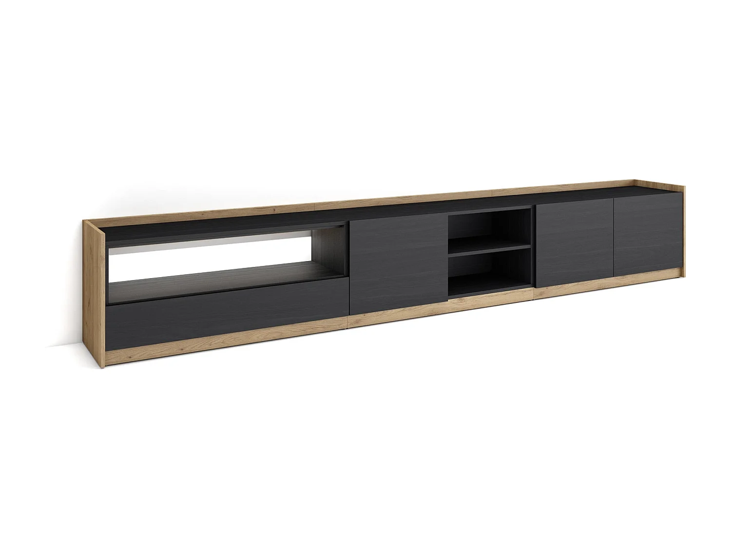 TV-Schrank, Lowboard, 310x50x37 cm, Für TV-Geräte bis zu 80", LED, Schwarz Eiche