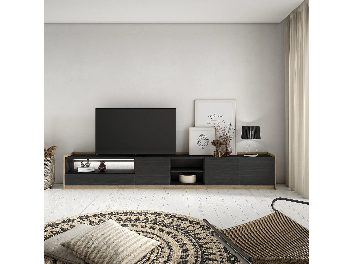 TV-Schrank, Lowboard, 310x50x37 cm, Für TV-Geräte bis zu 80", LED, Schwarz Eiche