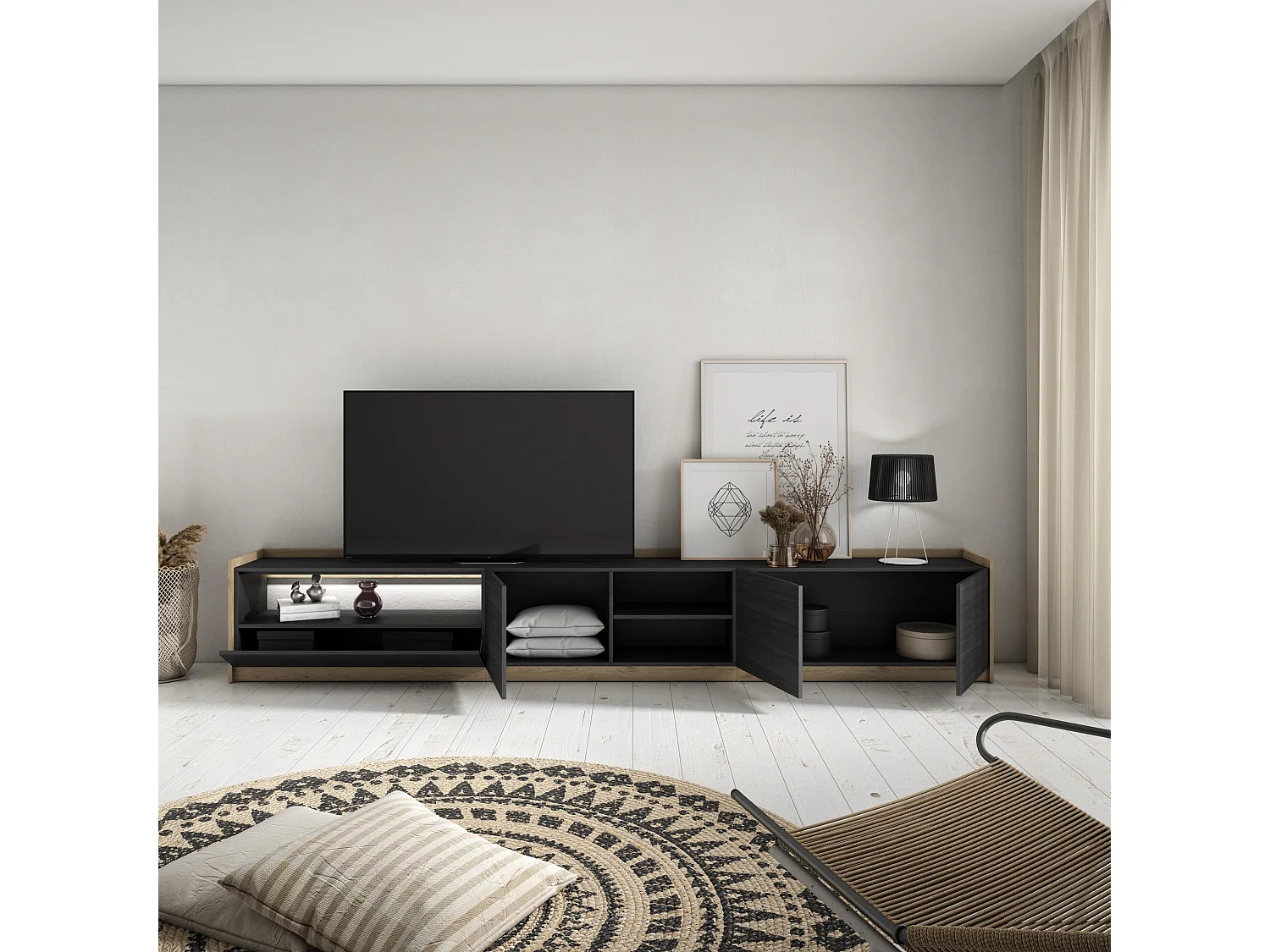 TV-Schrank, Lowboard, 310x50x37 cm, Für TV-Geräte bis zu 80", LED, Schwarz Eiche