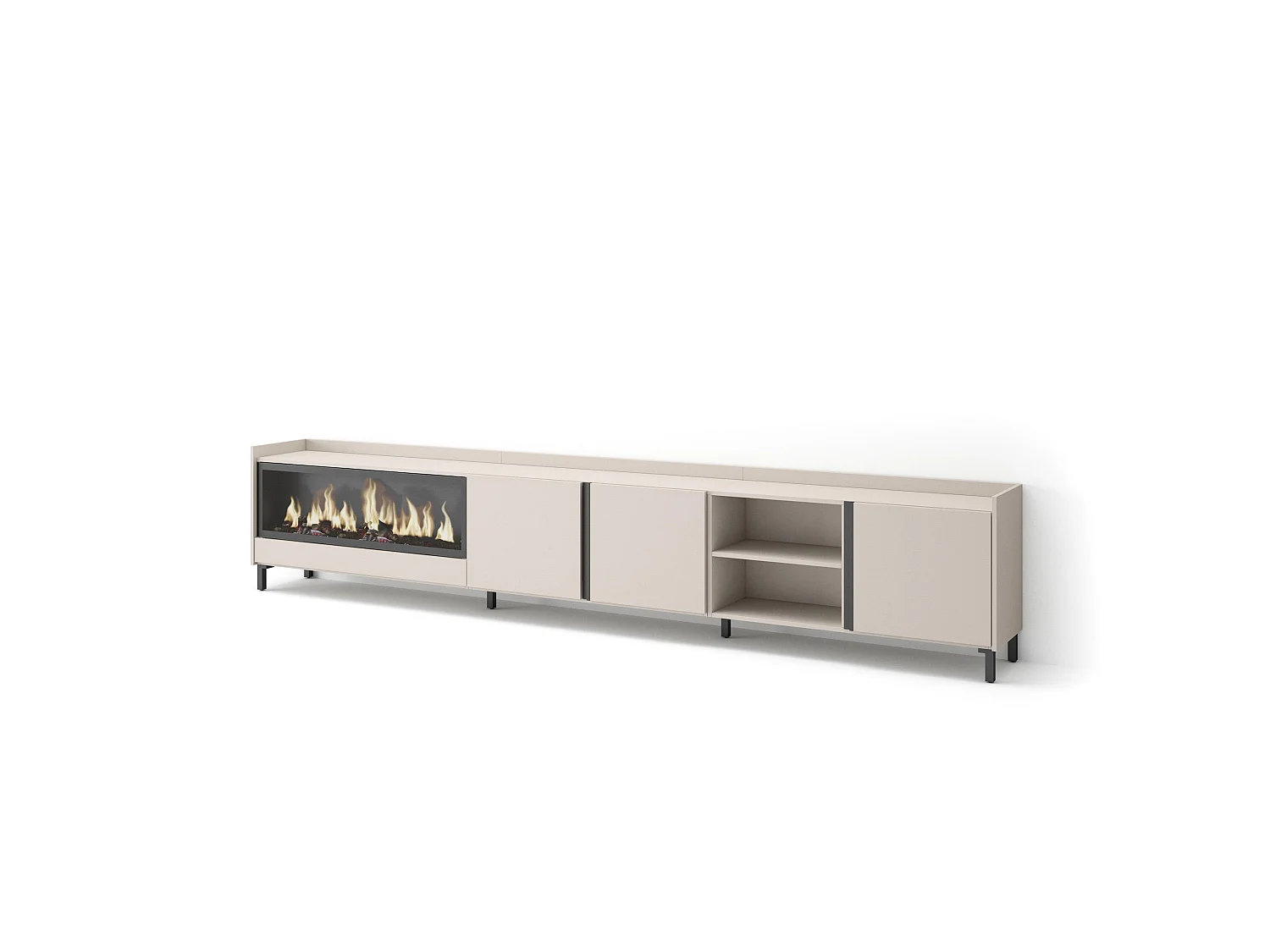 TV-Schrank, Lowboard, 315x61x35 cm, Für TV-Geräte bis zu 80", Elektrokamin XXL, Industriedesign, Beige
