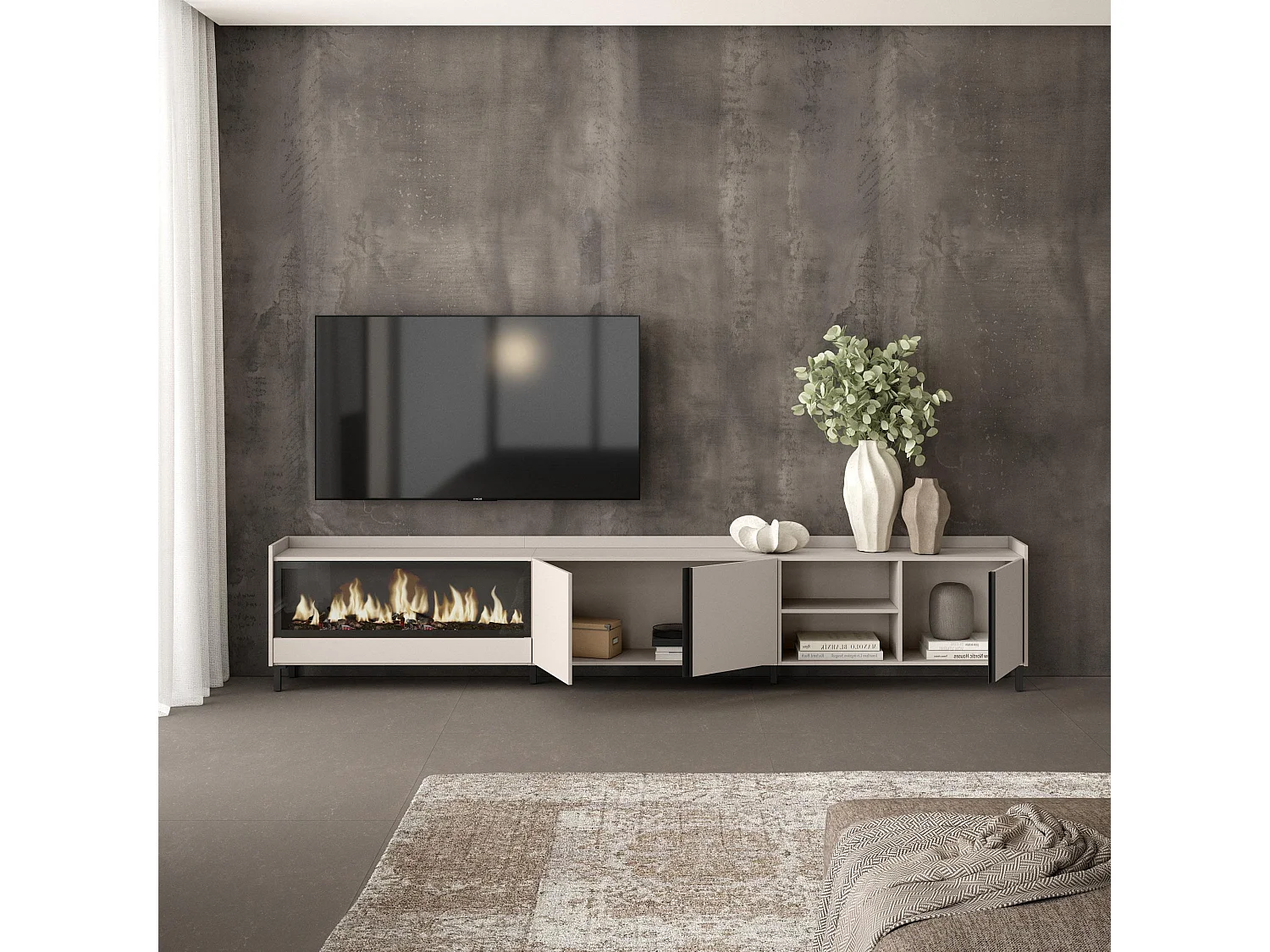 TV-Schrank, Lowboard, 315x61x35 cm, Für TV-Geräte bis zu 80", Elektrokamin XXL, Industriedesign, Beige