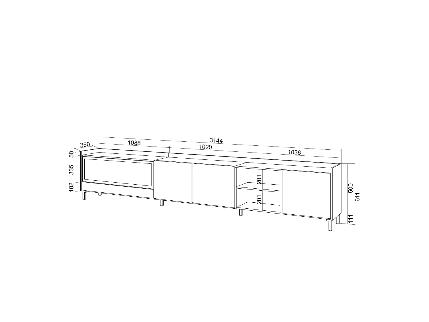 TV-Schrank, Lowboard, 315x61x35 cm, Für TV-Geräte bis zu 80", Elektrokamin XXL, Industriedesign, Beige