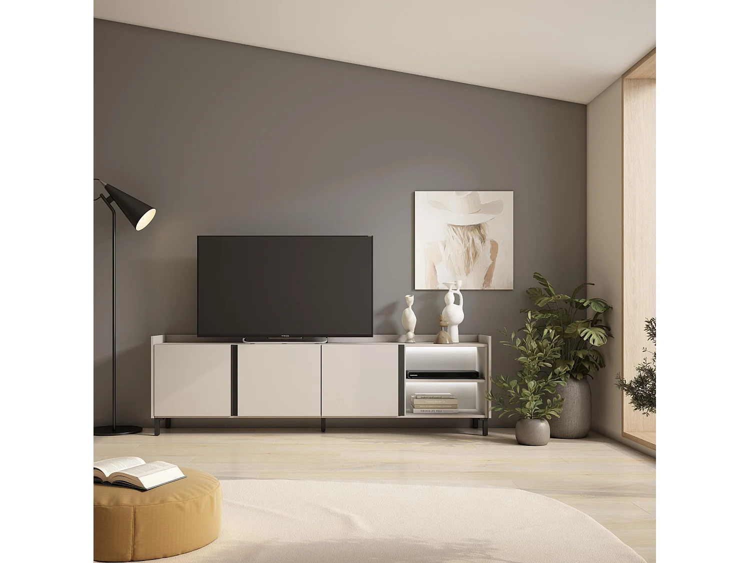 TV-Schrank, Lowboard, 207x61x35 cm, Für TV-Geräte bis zu 80", Industriedesign, LED, Beige