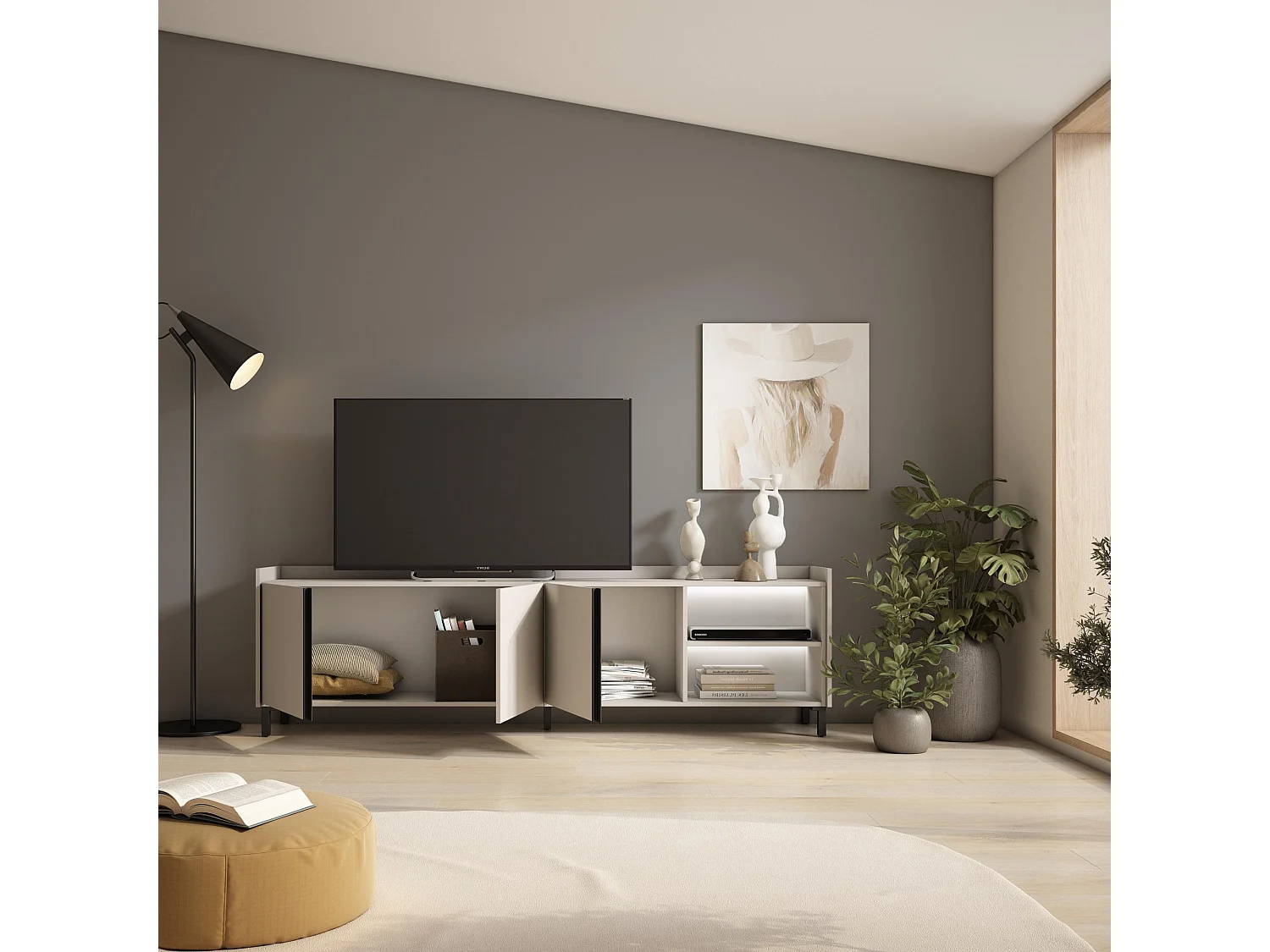 TV-Schrank, Lowboard, 207x61x35 cm, Für TV-Geräte bis zu 80", Industriedesign, LED, Beige