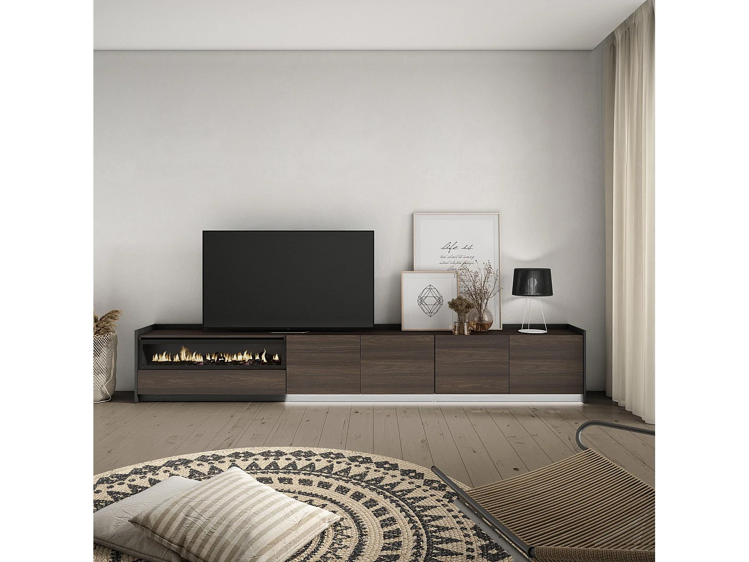 TV-Schrank, Lowboard, 310x50x37 cm, Für TV-Geräte bis zu 80", Elektrokamin., LED, Dunkler Eiche und Schwarz