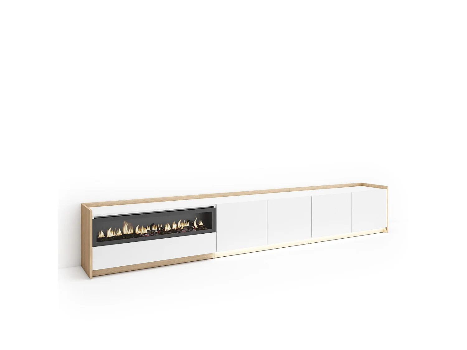 TV-Schrank, Lowboard, 310x50x37 cm, Für TV-Geräte bis zu 80", Elektrokamin., LED, Weiß und Eiche Soft