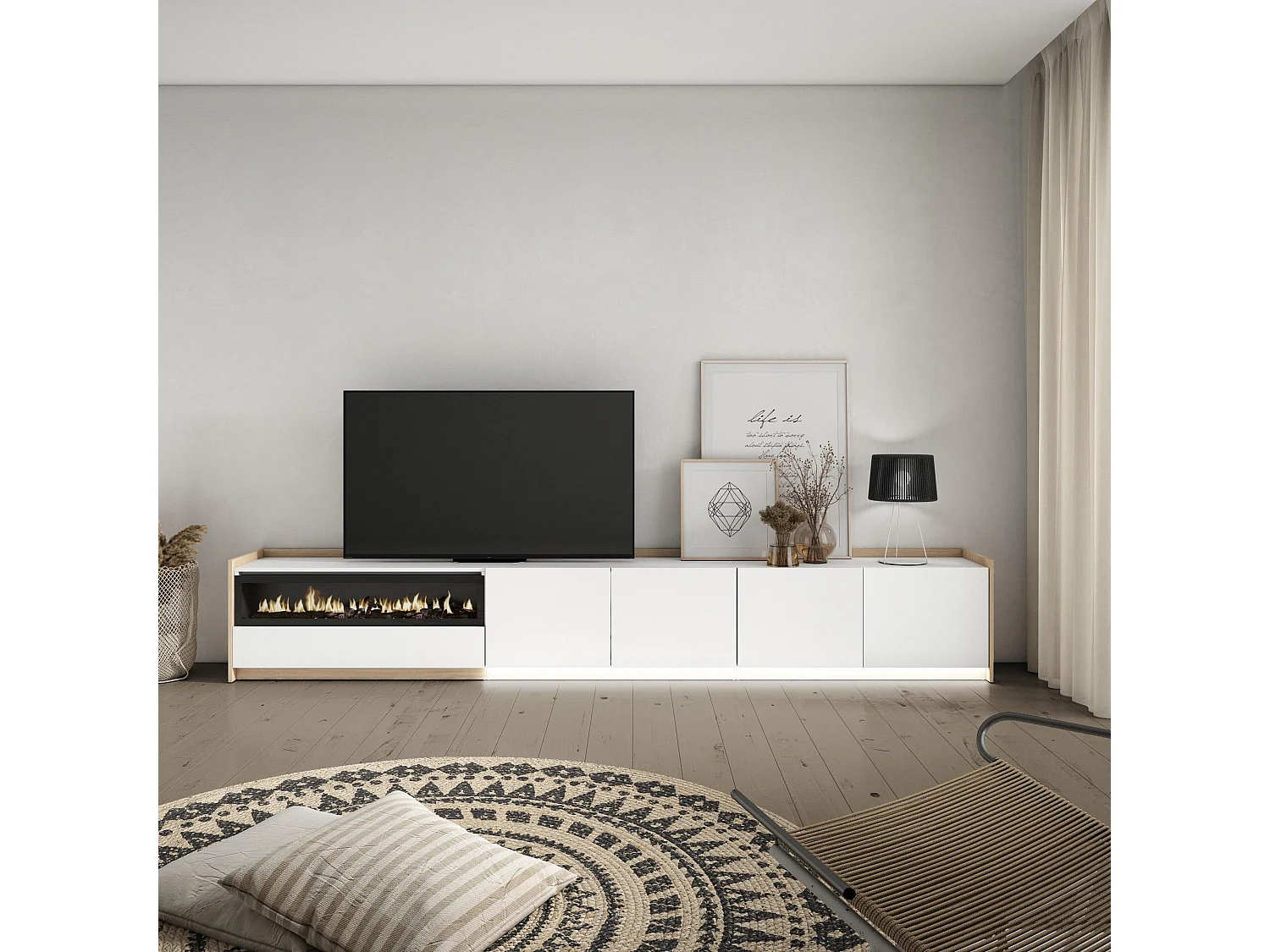 TV-Schrank, Lowboard, 310x50x37 cm, Für TV-Geräte bis zu 80", Elektrokamin., LED, Weiß und Eiche Soft