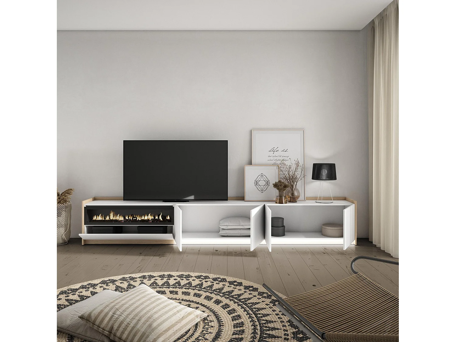 TV-Schrank, Lowboard, 310x50x37 cm, Für TV-Geräte bis zu 80", Elektrokamin., LED, Weiß und Eiche Soft