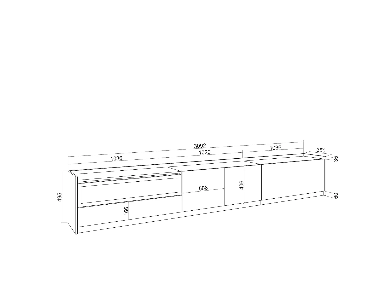 TV-Schrank, Lowboard, 310x50x37 cm, Für TV-Geräte bis zu 80", Elektrokamin., LED, Weiß und Eiche Soft