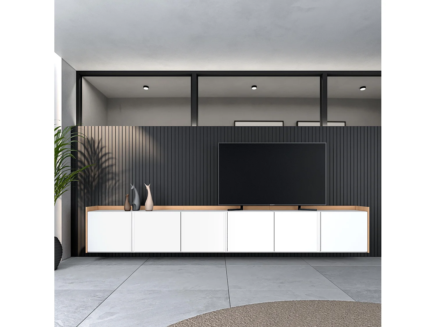 TV-Schrank - Lowboard - 309x50x35cm - Für TV-Geräte bis zu 80" - Hängend - Weiß und Eiche Soft