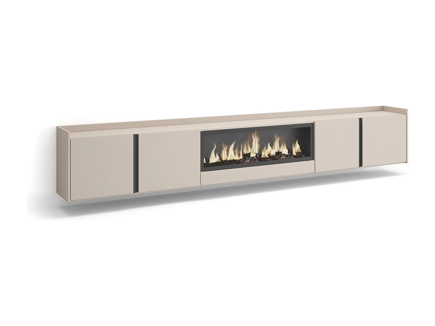 Mueble TV, Televisión, 315x50x35 cm, Para TV hasta 80", Chimenea eléctrica XXL, Colgado, Suspendido, Beige
