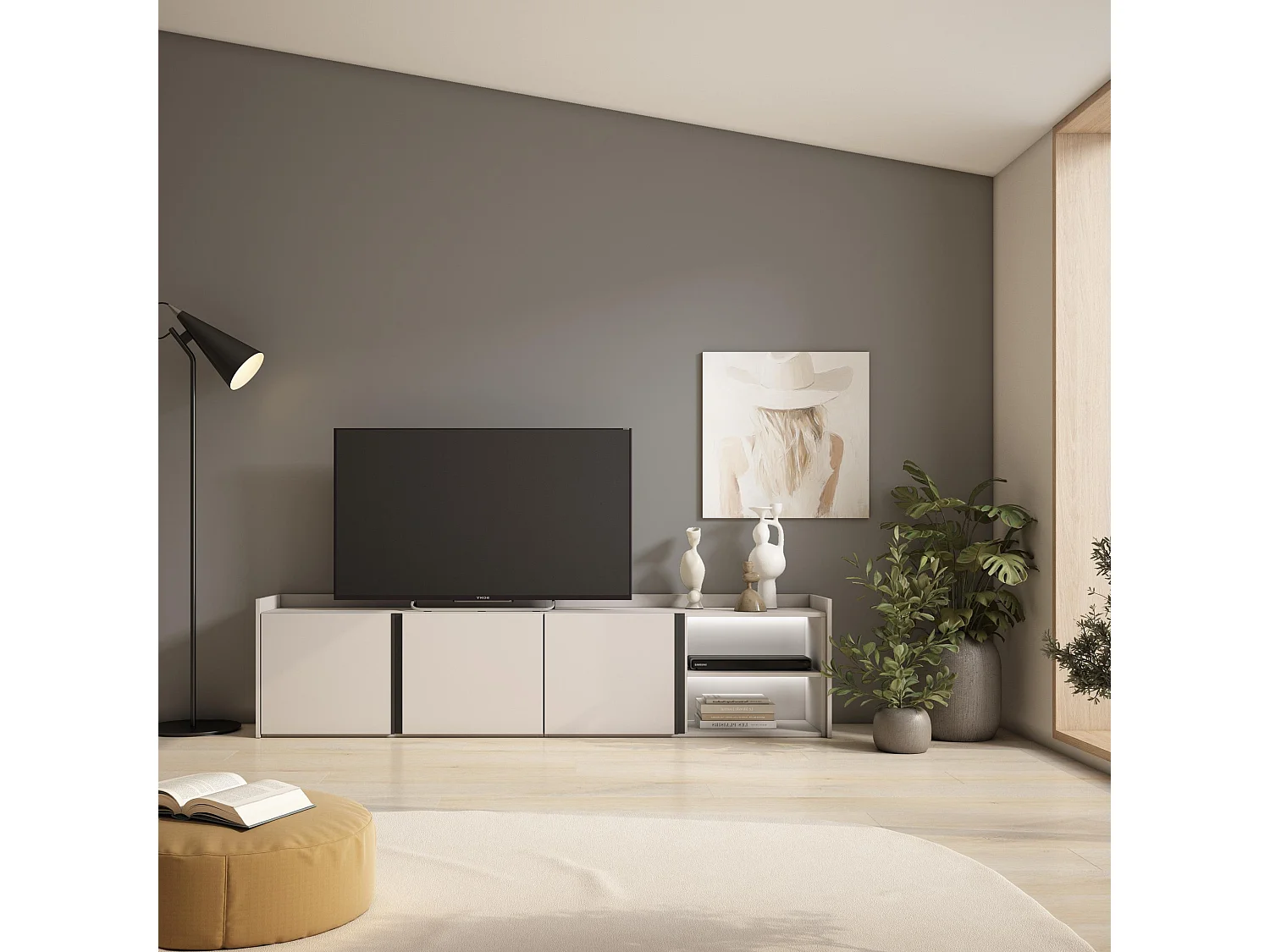 TV-Schrank, Lowboard, 207x50x35 cm, Für TV-Geräte bis zu 80", LED, Beige