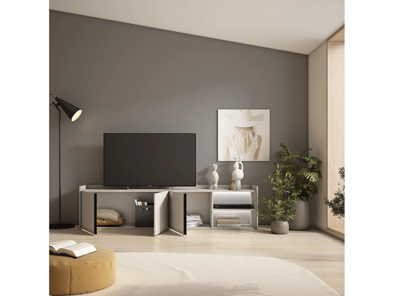 TV-Schrank, Lowboard, 207x50x35 cm, Für TV-Geräte bis zu 80", LED, Beige