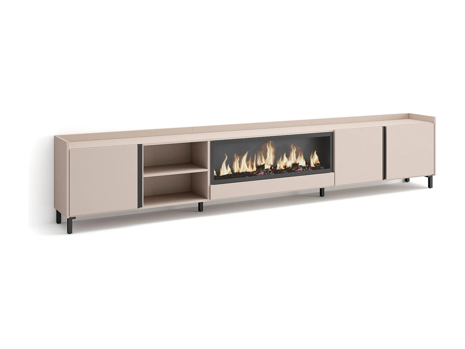 TV-Meubel, Lowboard, 315x61x35 cm, Voor tv's tot 80", Elektrische haard XXL, Industrieel design, Beige