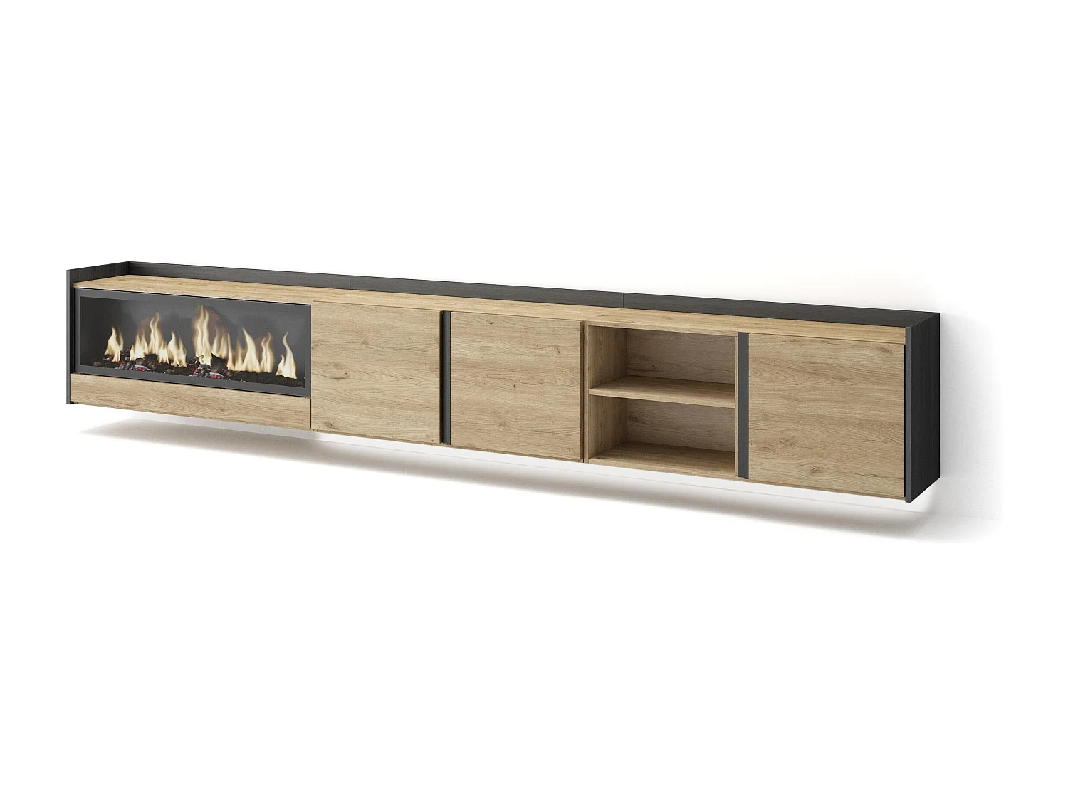 TV-Schrank, Lowboard, 315x50x35 cm, Für TV-Geräte bis zu 80", Elektrokamin XXL, Hängend, LED, Eiche Schwarz