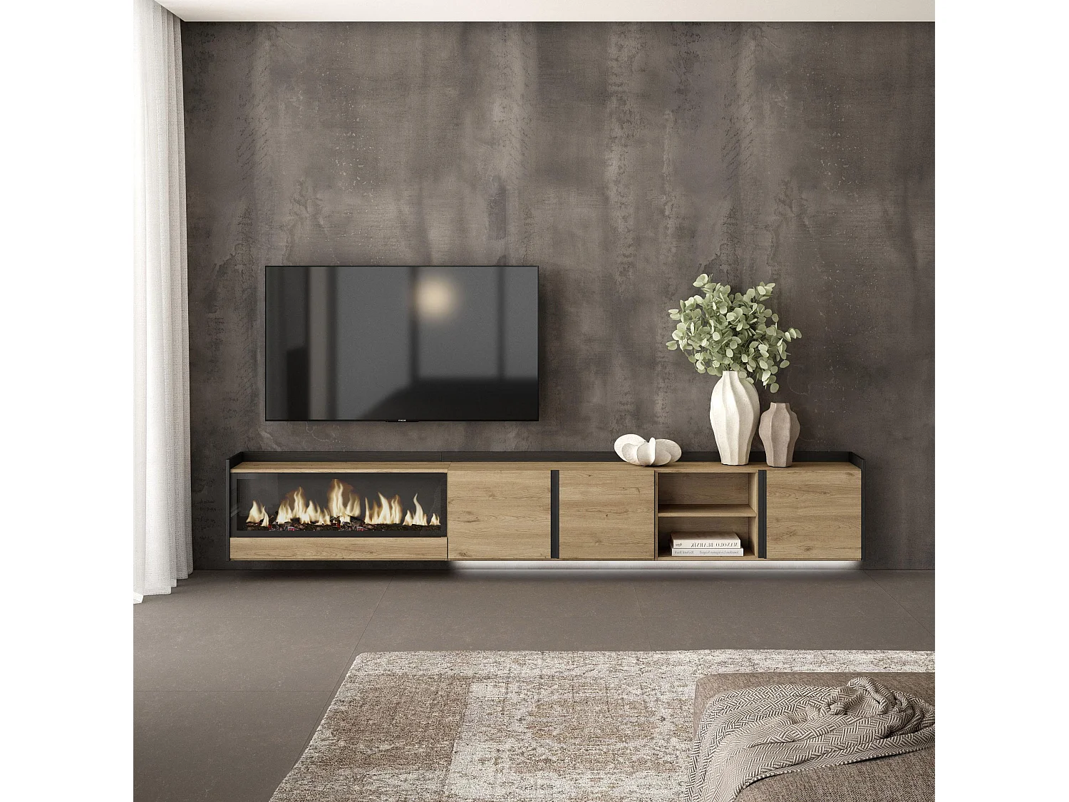 TV-Schrank, Lowboard, 315x50x35 cm, Für TV-Geräte bis zu 80", Elektrokamin XXL, Hängend, LED, Eiche Schwarz