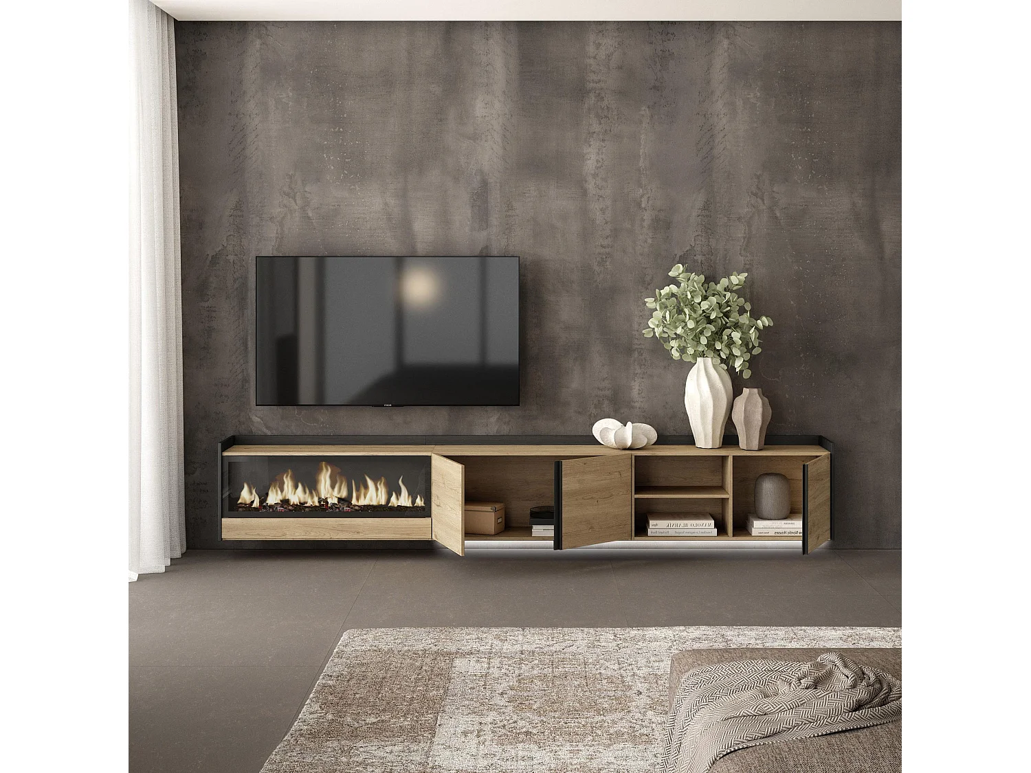 TV-Schrank, Lowboard, 315x50x35 cm, Für TV-Geräte bis zu 80", Elektrokamin XXL, Hängend, LED, Eiche Schwarz