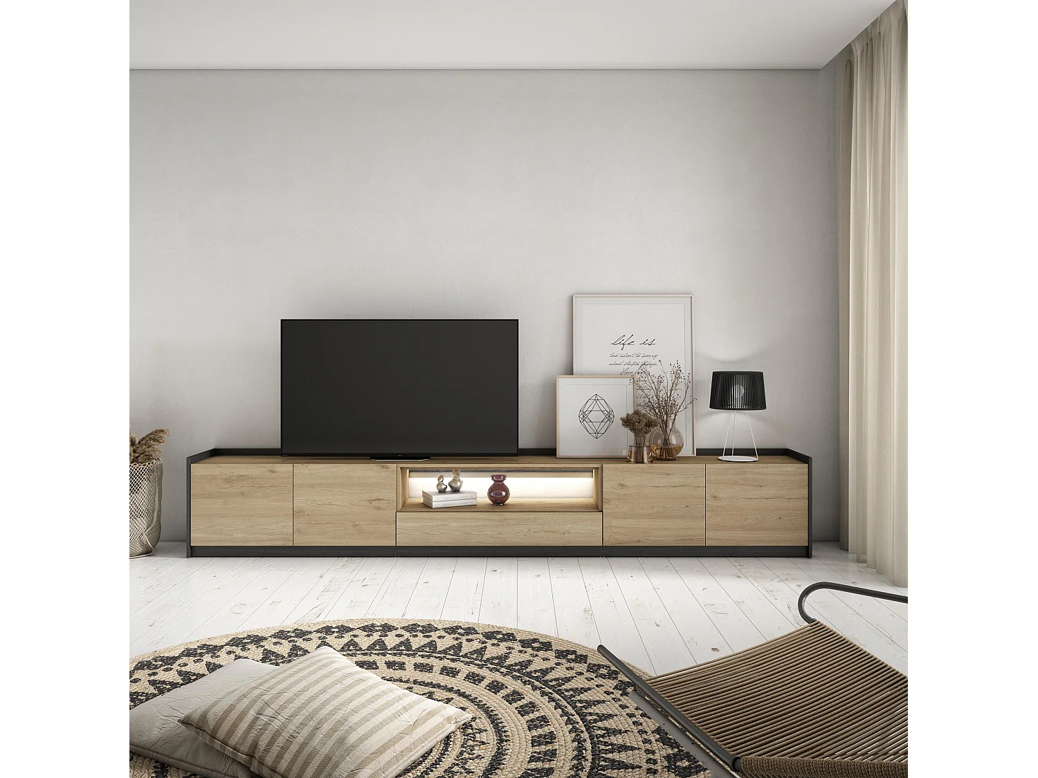 TV-Schrank, Lowboard, 310x50x37 cm, Für TV-Geräte bis zu 80", LED, Eiche Schwarz