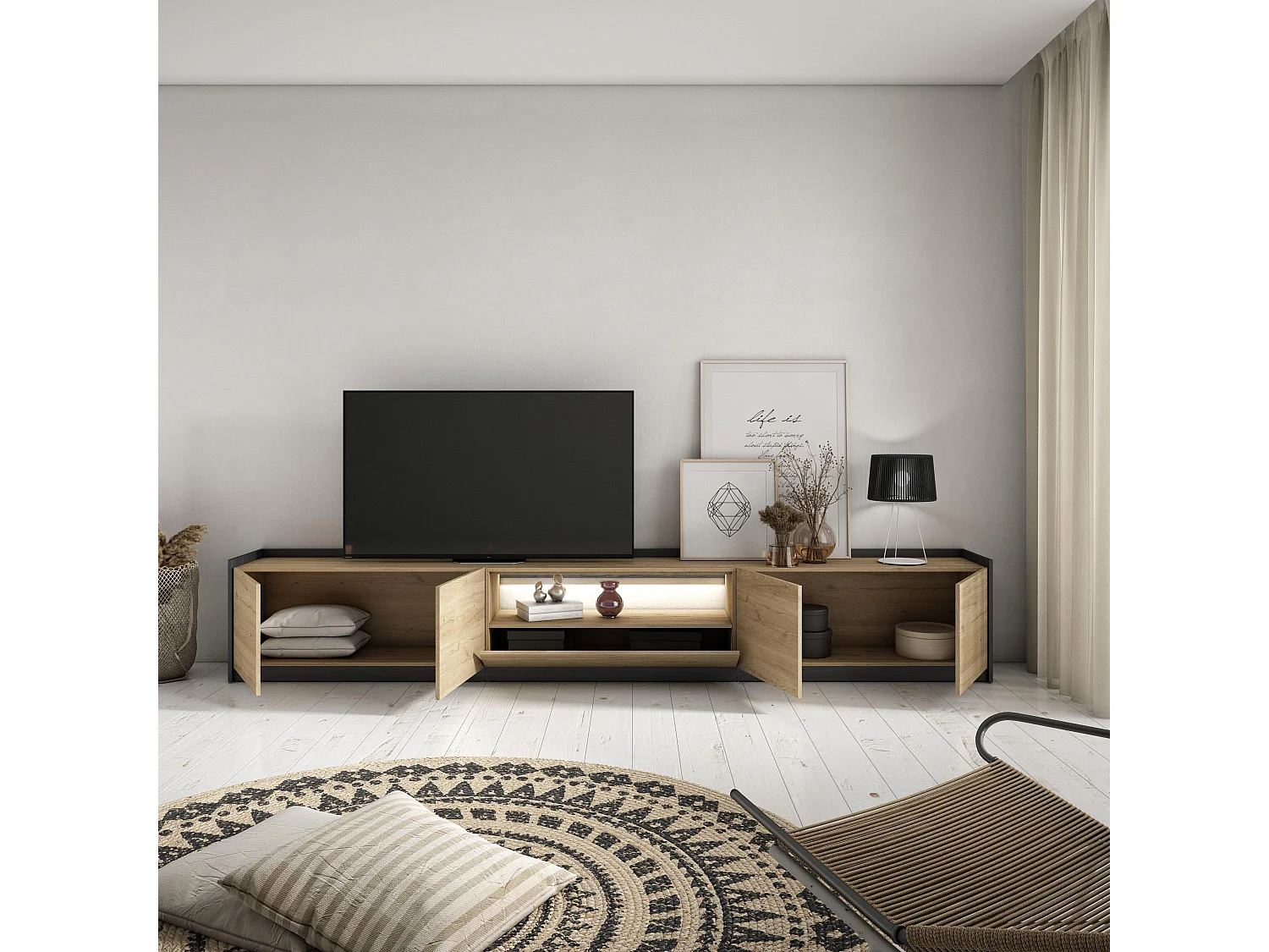 TV-Schrank, Lowboard, 310x50x37 cm, Für TV-Geräte bis zu 80", LED, Eiche Schwarz