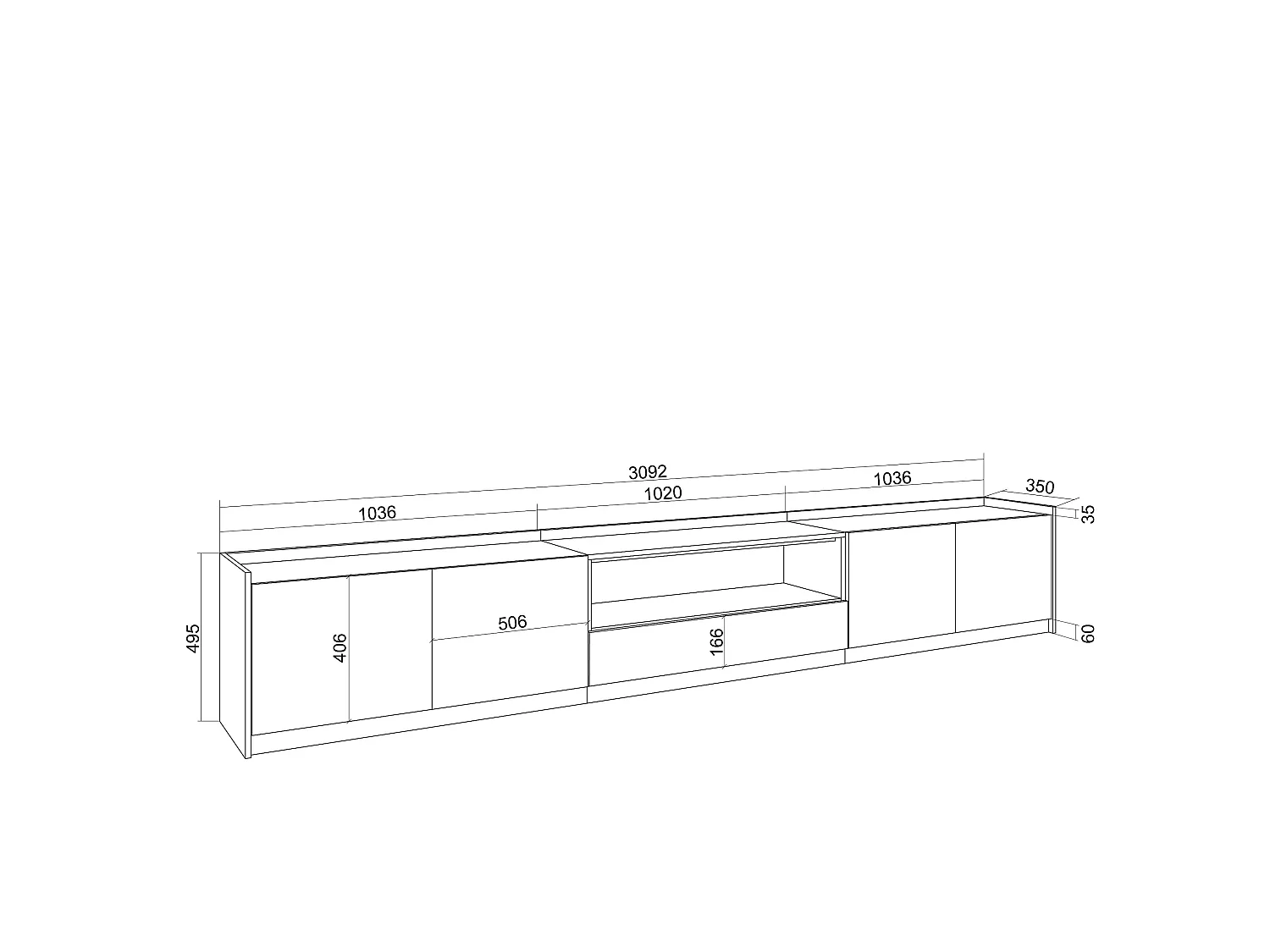 TV-Schrank, Lowboard, 310x50x37 cm, Für TV-Geräte bis zu 80", LED, Eiche Schwarz