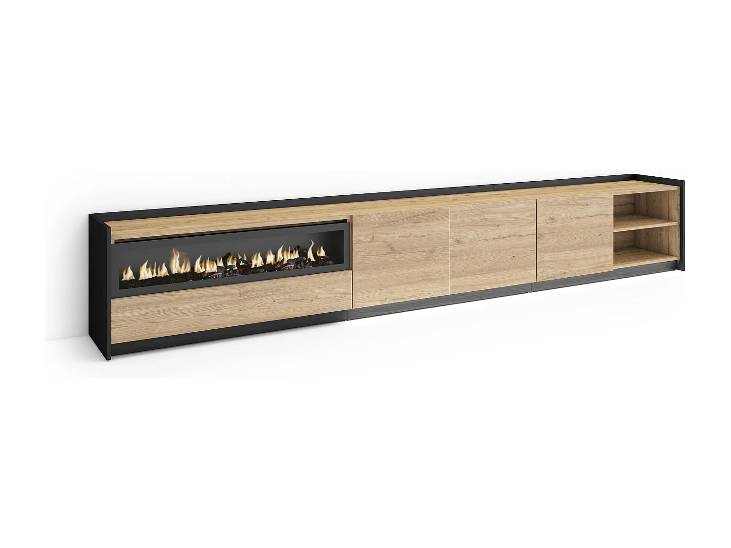 Meuble TV, Banc Télé, 310x50x37 cm, Pour les TV jusqu'à 80", Cheminée électrique, LED, Chêne et noir