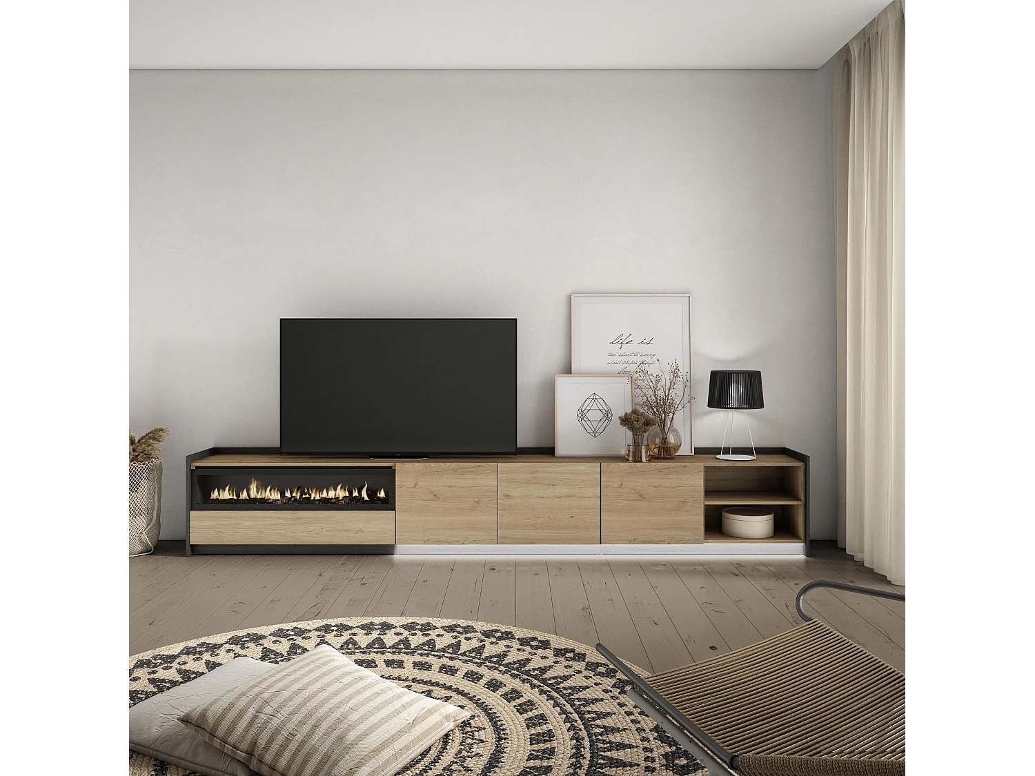 Meuble TV, Banc Télé, 310x50x37 cm, Pour les TV jusqu'à 80", Cheminée électrique, LED, Chêne et noir