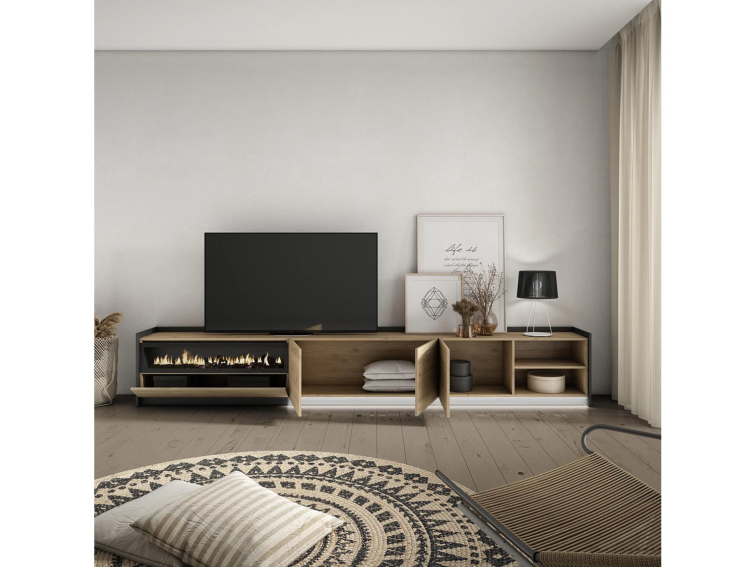 Meuble TV, Banc Télé, 310x50x37 cm, Pour les TV jusqu'à 80", Cheminée électrique, LED, Chêne et noir