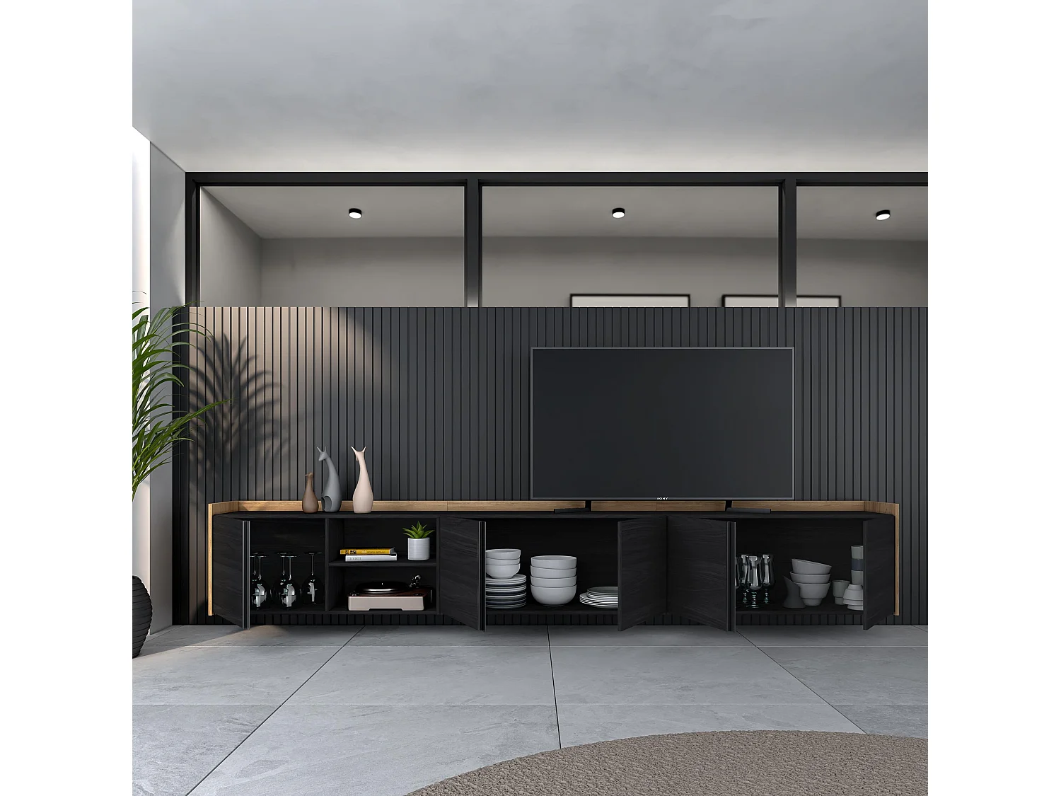 TV-Schrank, Lowboard, 309x50x35 cm, Für TV-Geräte bis zu 80", Hängend, Schwarz Eiche