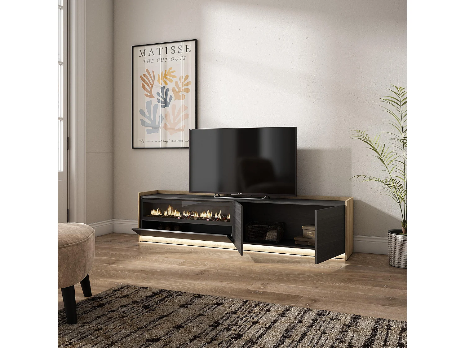 TV-Schrank, Lowboard, 207x50x37 cm, Für TV-Geräte bis zu 80", Elektrokamin., LED, Schwarz Eiche