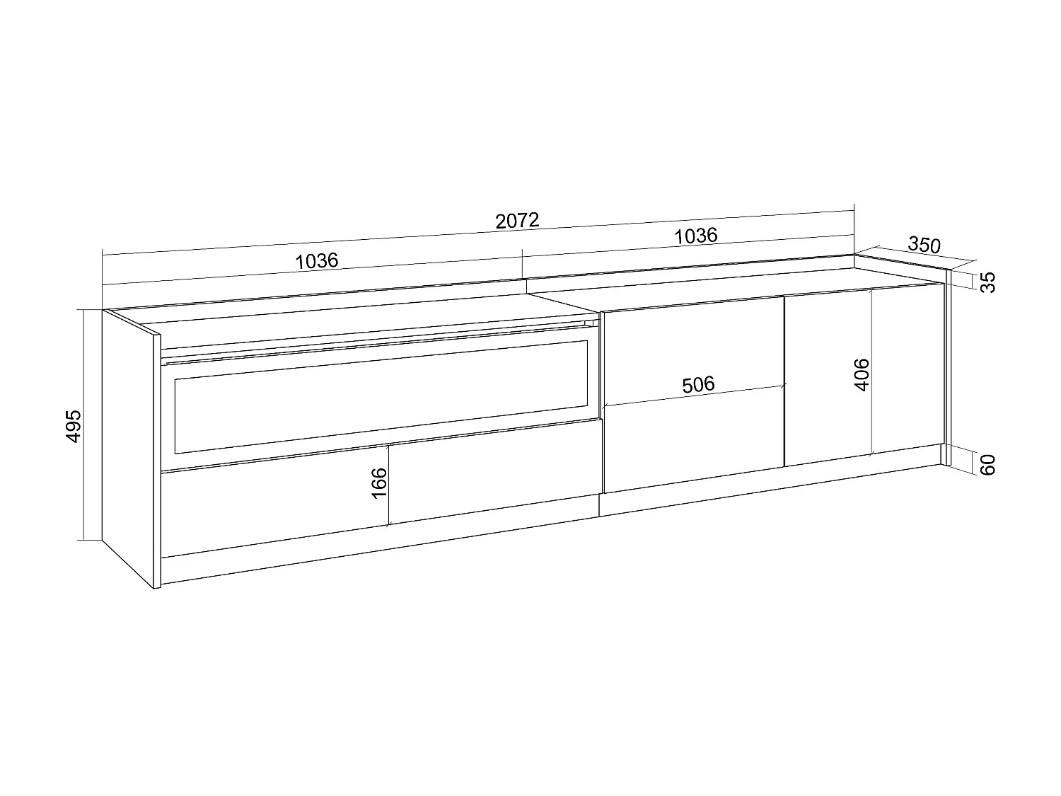 TV-Schrank, Lowboard, 207x50x37 cm, Für TV-Geräte bis zu 80", Elektrokamin., LED, Schwarz Eiche