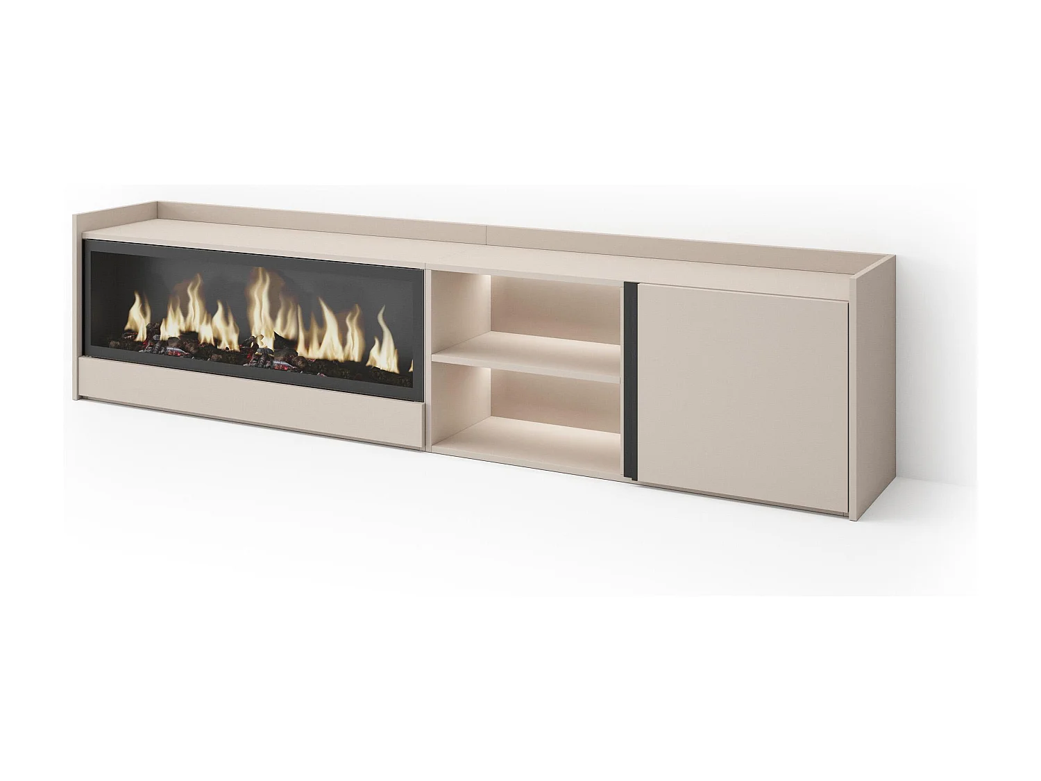 TV-Schrank, Lowboard, 212x50x35 cm, Für TV-Geräte bis zu 80", Elektrokamin XXL, LED, Beige