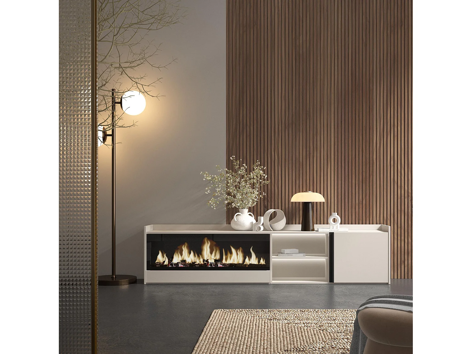 TV-Schrank, Lowboard, 212x50x35 cm, Für TV-Geräte bis zu 80", Elektrokamin XXL, LED, Beige