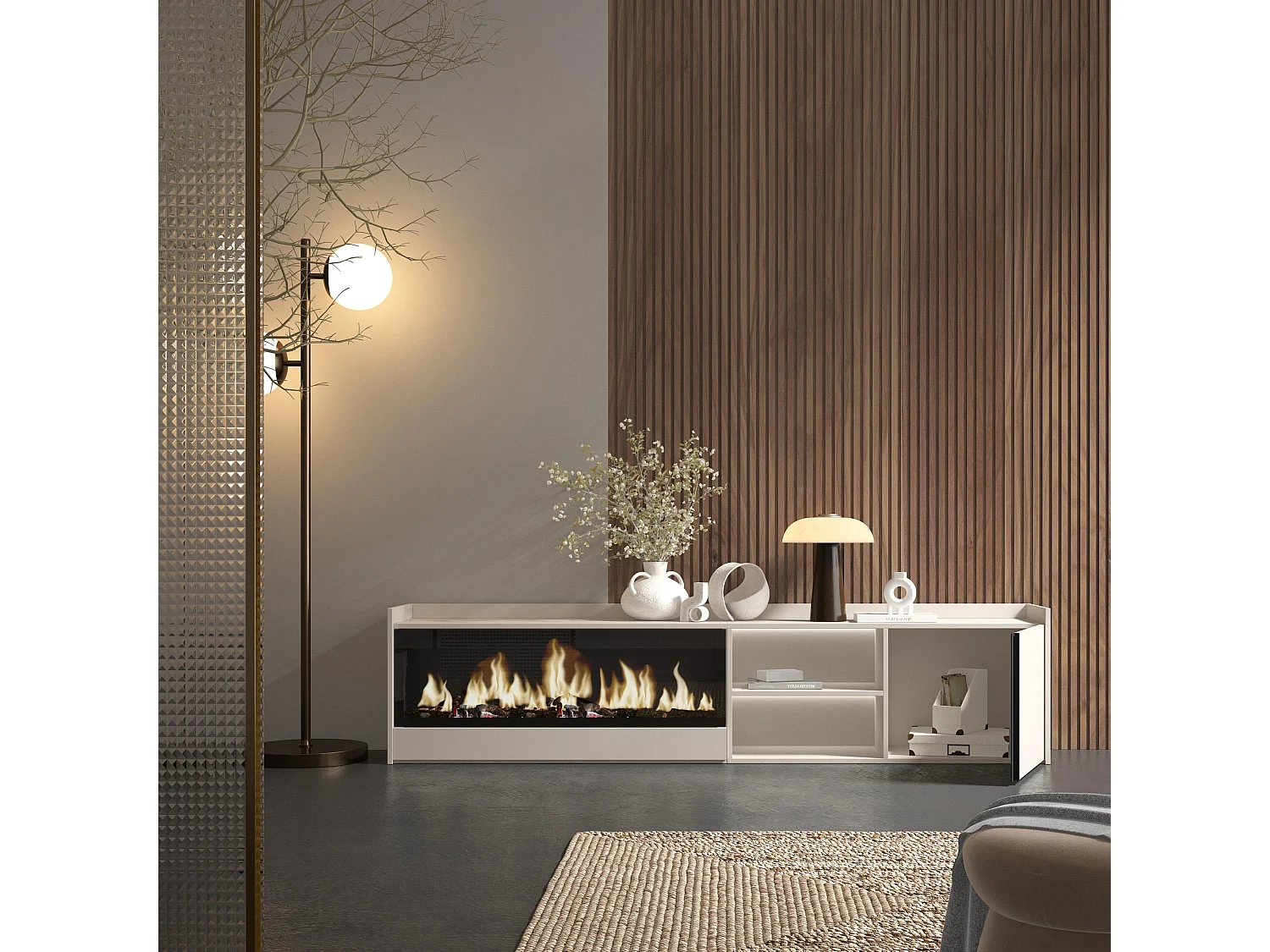 TV-Schrank, Lowboard, 212x50x35 cm, Für TV-Geräte bis zu 80", Elektrokamin XXL, LED, Beige