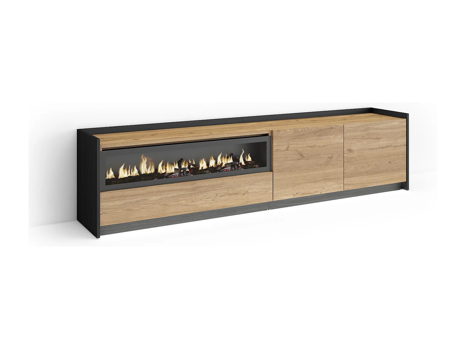 TV-Schrank, Lowboard, 207x50x37 cm, Für TV-Geräte bis zu 80", Elektrokamin., LED, Eiche Schwarz