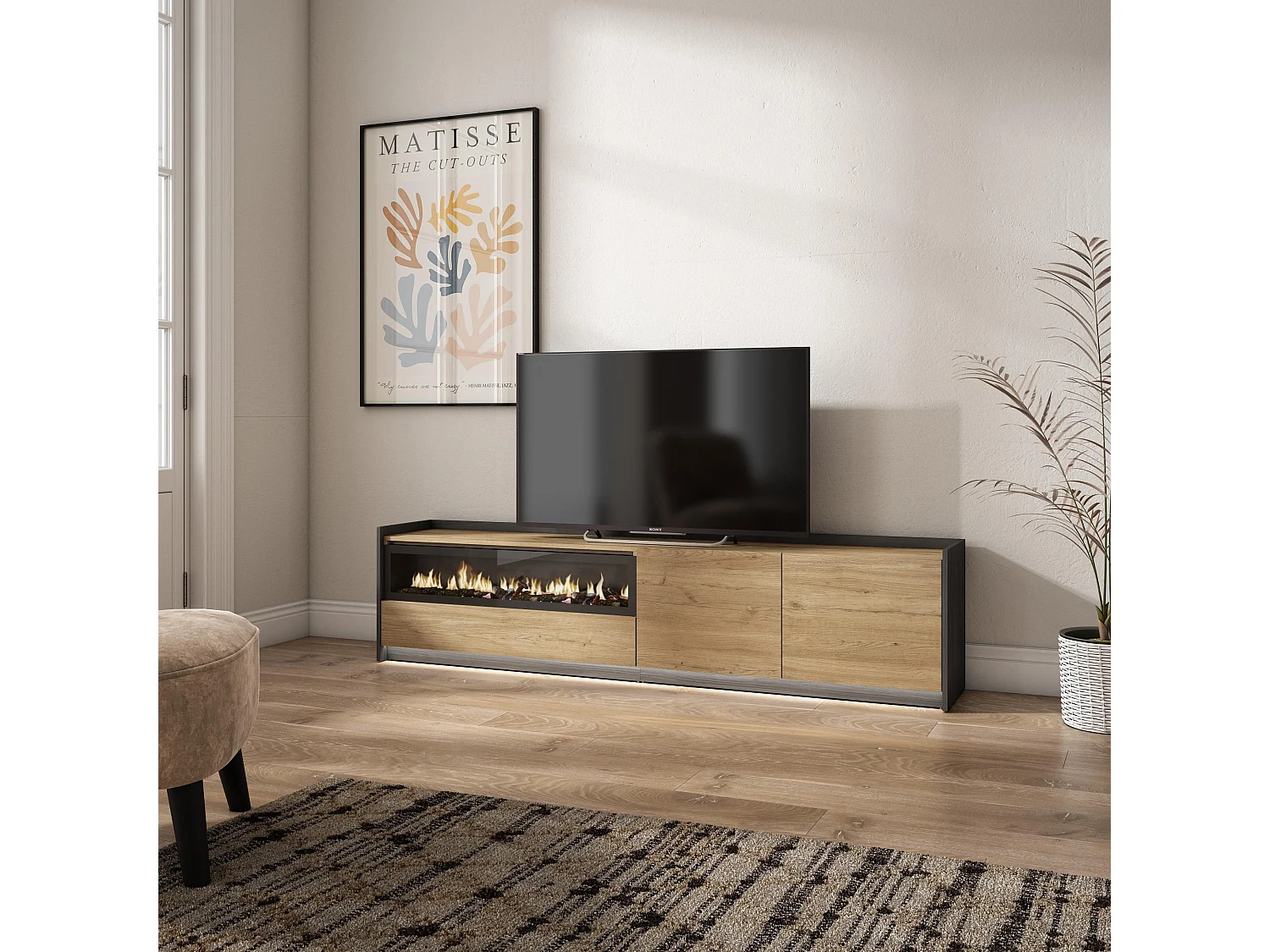TV-Schrank, Lowboard, 207x50x37 cm, Für TV-Geräte bis zu 80", Elektrokamin., LED, Eiche Schwarz