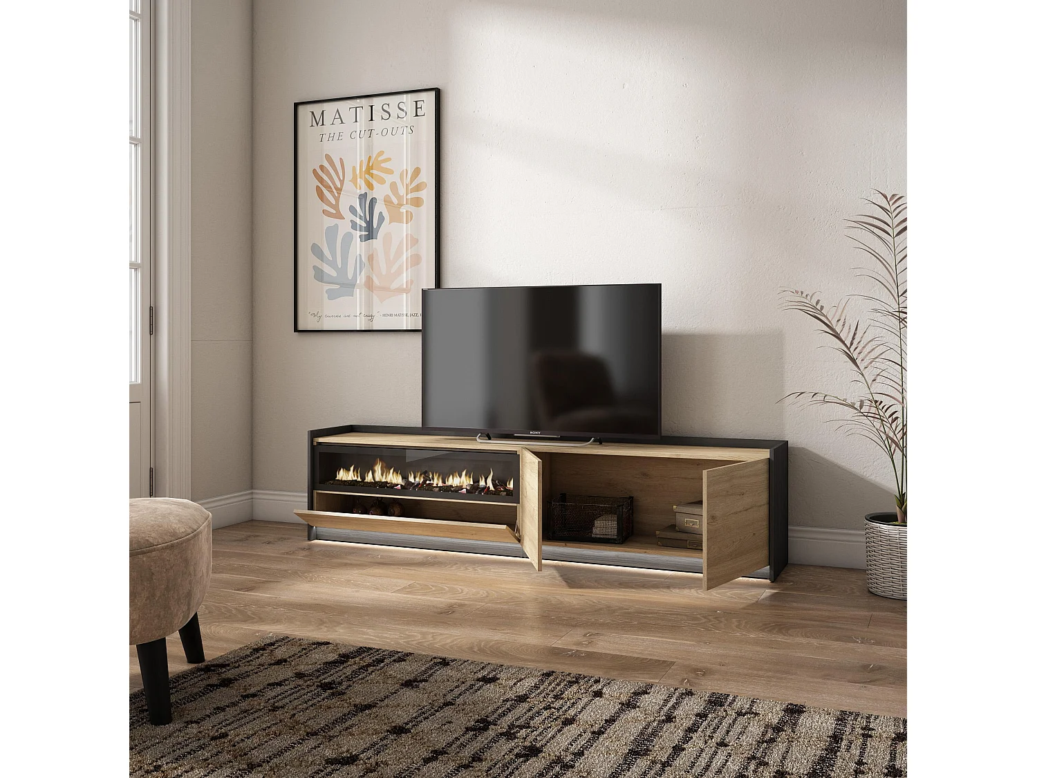 TV-Schrank, Lowboard, 207x50x37 cm, Für TV-Geräte bis zu 80", Elektrokamin., LED, Eiche Schwarz